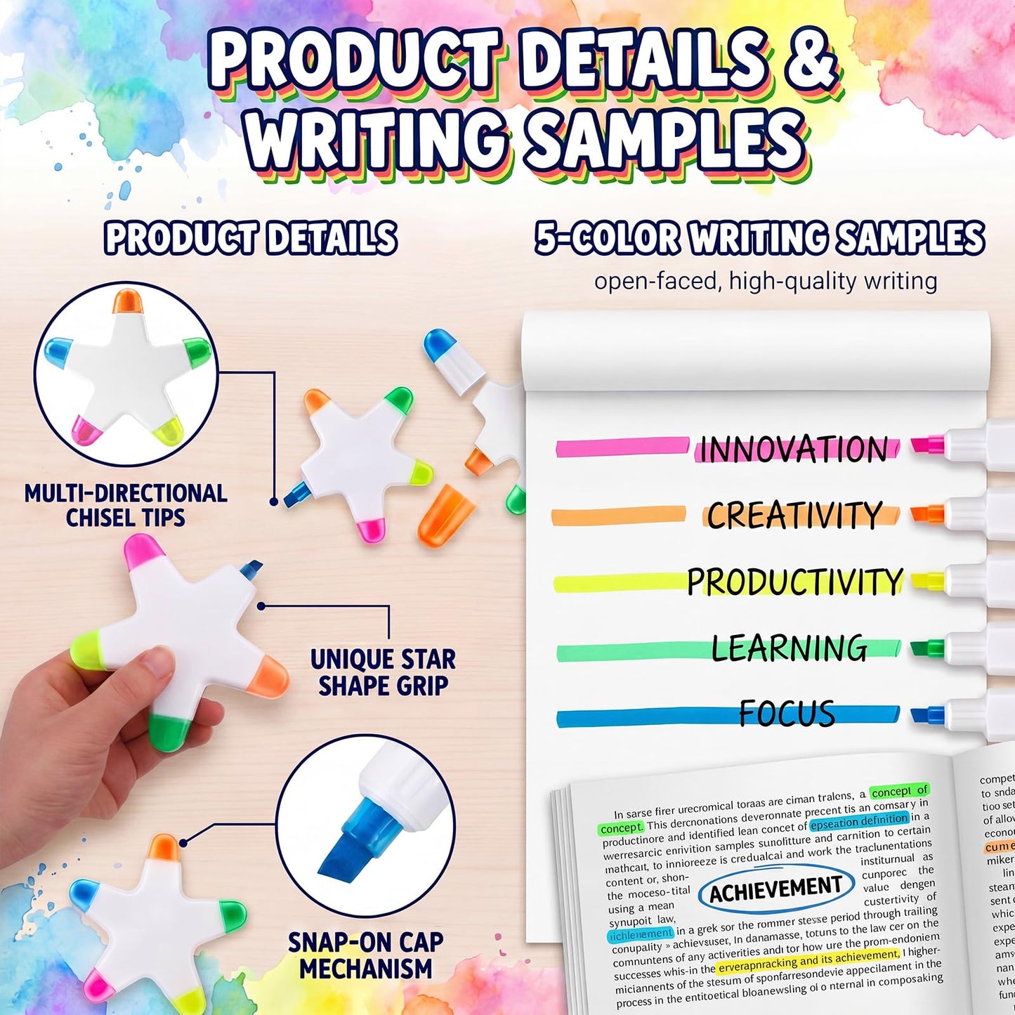 Resurhang 24 Set Back to School Gift for Student 5-in-1 Star Multicolor Highlighters with Encouragement Card Clear Gift Bag Star Pen Bulk for First Day of School Party Favor Classroom Testing Rewards