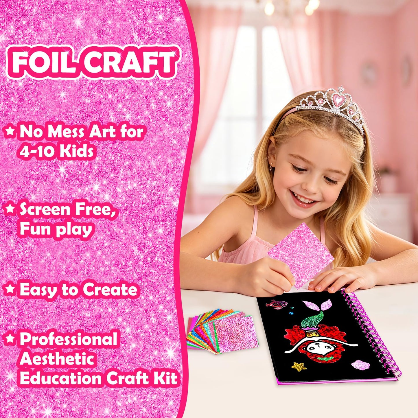 FUNNYB&G Foil Art Craft Kit for Girls 4-10 Years Old: Mess-Free & No-Glue, Create 16 Sparkly Princess Unicorn Pictures – Perfect Travel Toy & Birthday Gift for Kids (Princess)