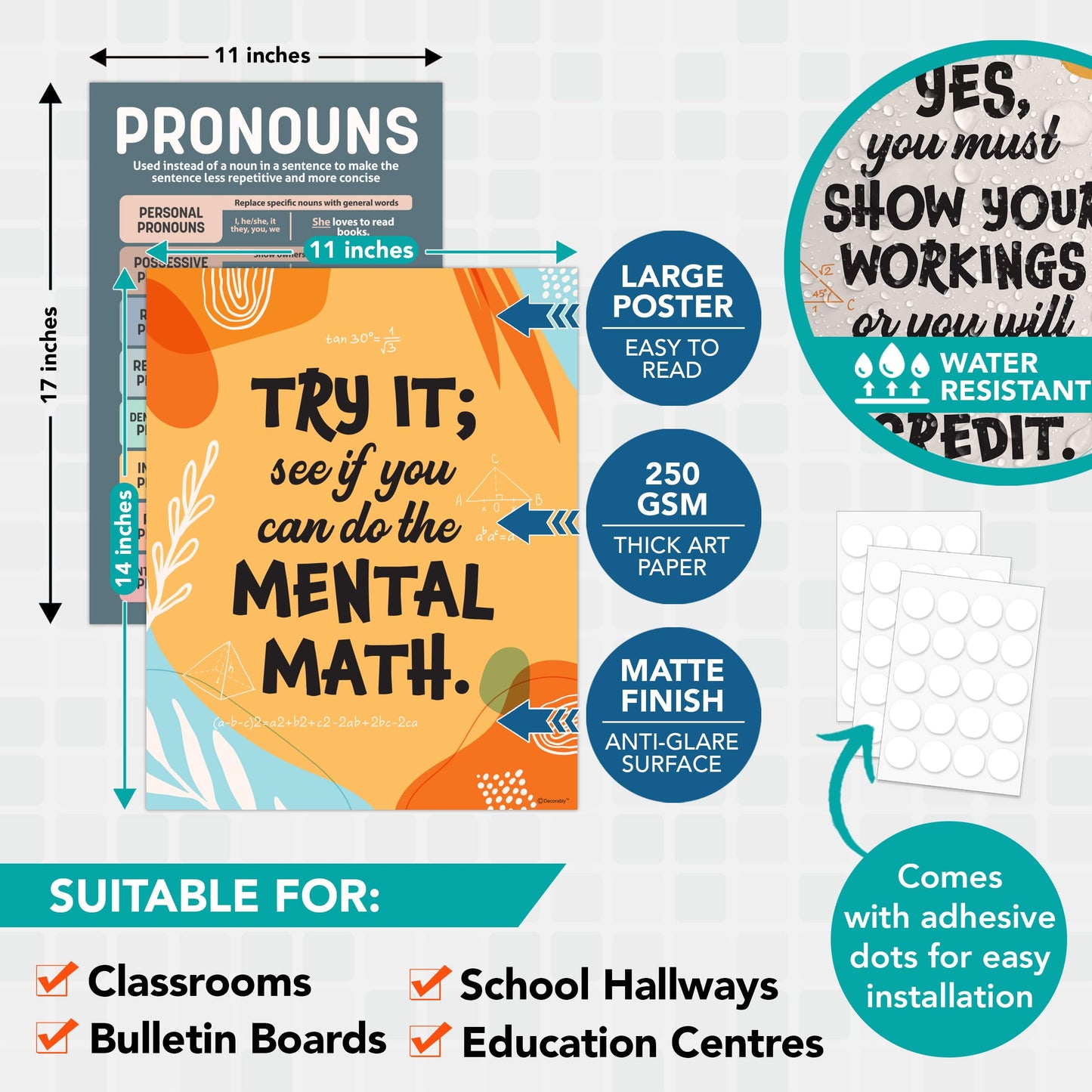 Decorably Parts of Speech Posters and Math Teacher Sayings Posters for Classroom