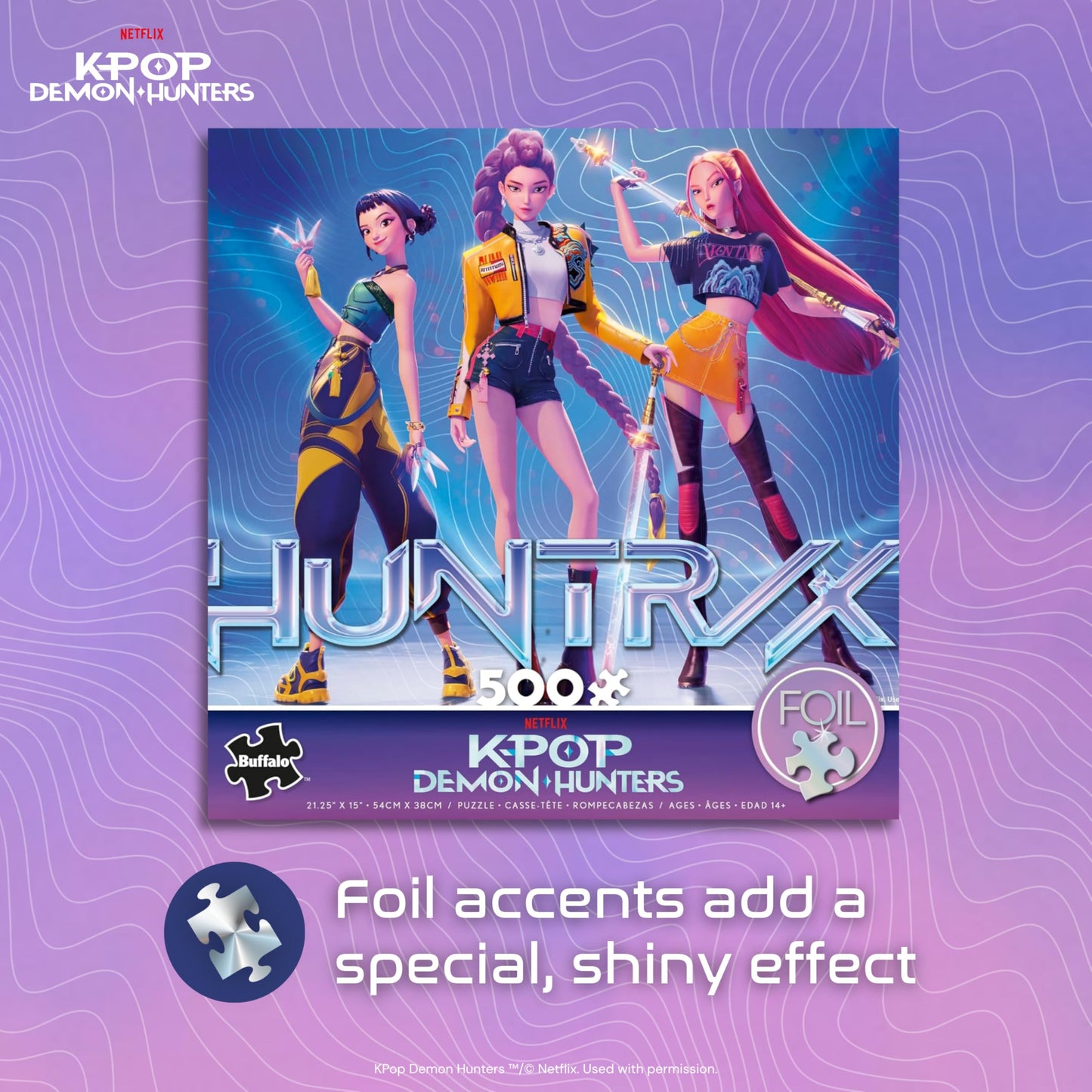 Buffalo Games Kpop Demon Hunters Foil-Finish Puzzle - 500pc, 21.25×15in - Foil-Accent Artwork & Kpop Demon Hunters Merch - Precision-Cut Pieces & Slayer Gifts - with Poster & Epic Quest Puzzle