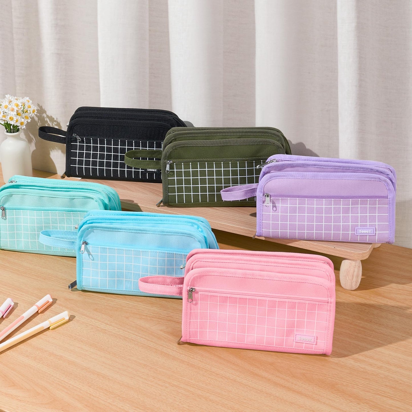 Sooez Large Pencil Case, Big Capacity Pencil Pouch Pen Bag with 3 Compartment, Portable Canvas Stationery Organizer with Zipper, Cute Aesthetic School Supplies for Teen Girls, Army Green