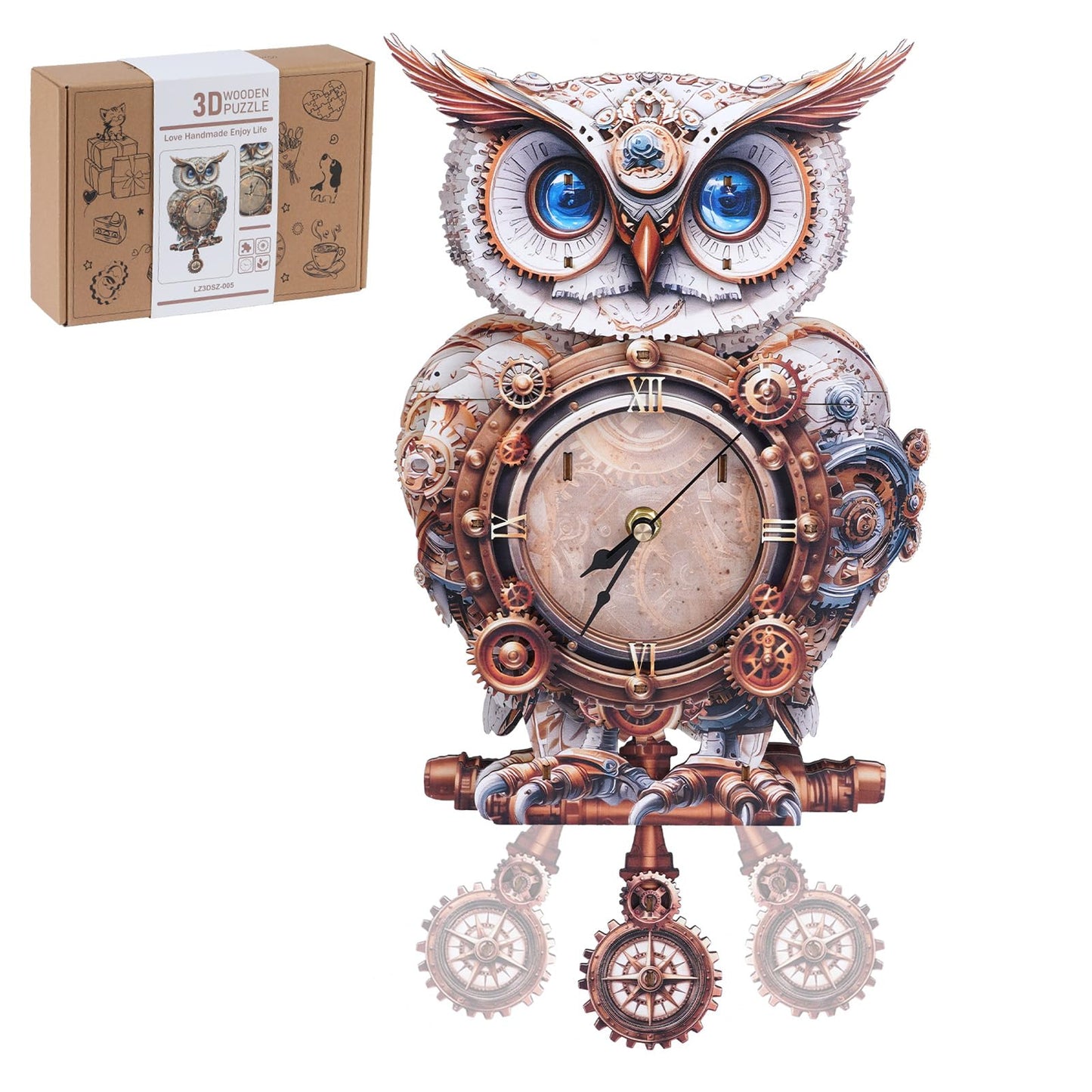 Rnfinewow 3D Wooden Puzzles for Adults, 3D Puzzle Owl Clock Kit (with Pendulum), Mechanical Owl 3D Puzzles for Adults Home Decor DIY Clock Puzzle Gifts for Women Men