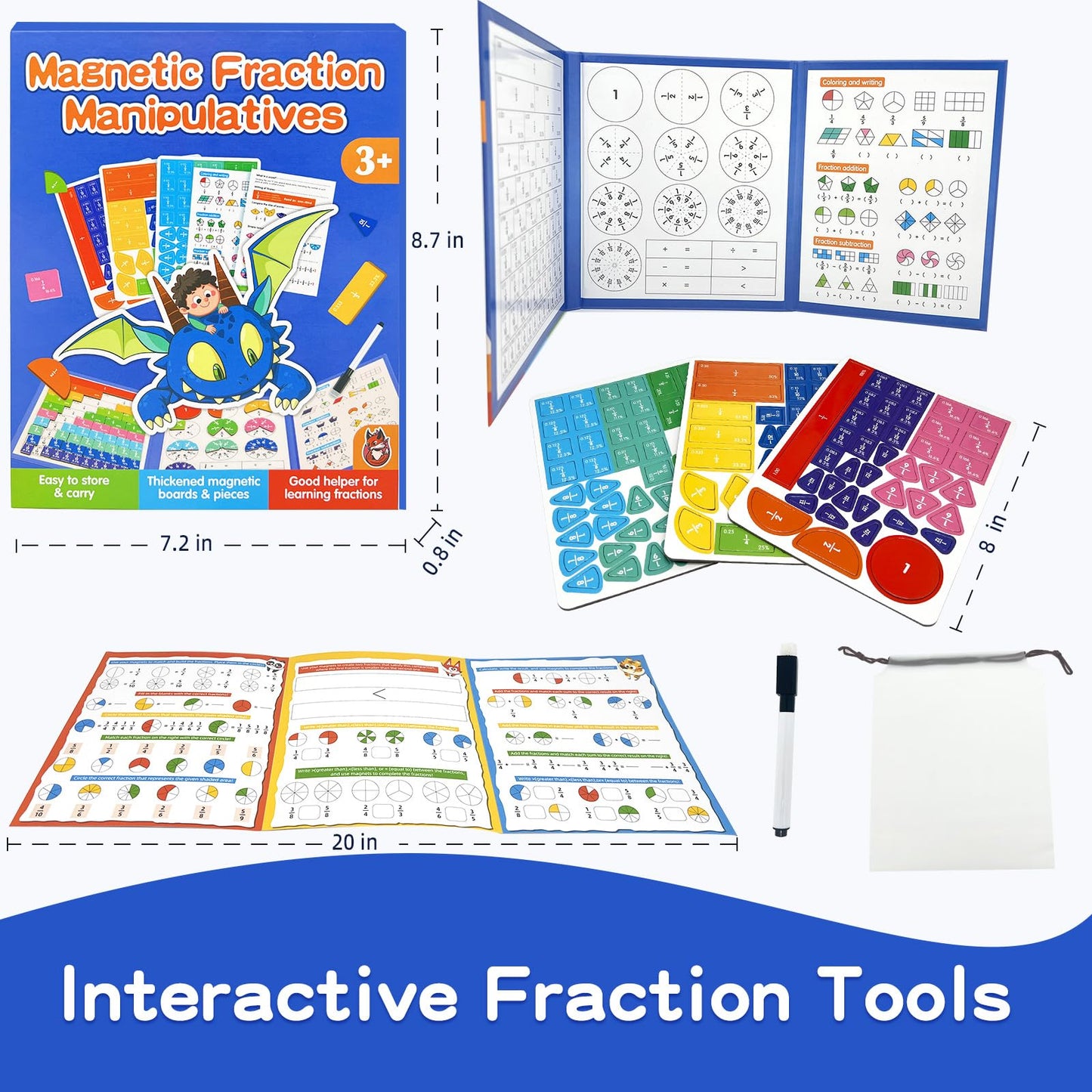 CABVIP Magnetic Fraction Tiles & Circles Set with Dry Erase Board - Montessori Math Manipulatives Kit for Grade 1-5, Homeschool Classroom Fraction Puzzles and Games