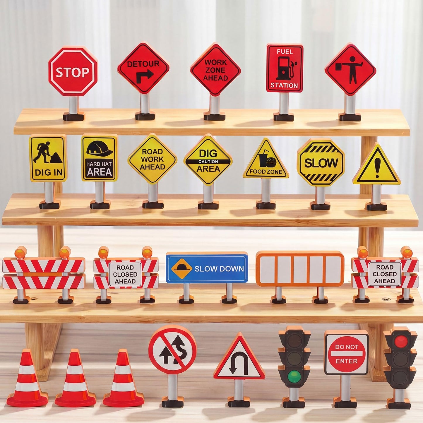 Blosssound Wooden Toys Set for Preschool Classroom - Multicultural Career People Blocks Educational Wooden Play for Kids Learning Toys Play Games Activity Supplies(26 Pcs,Construction Signals)