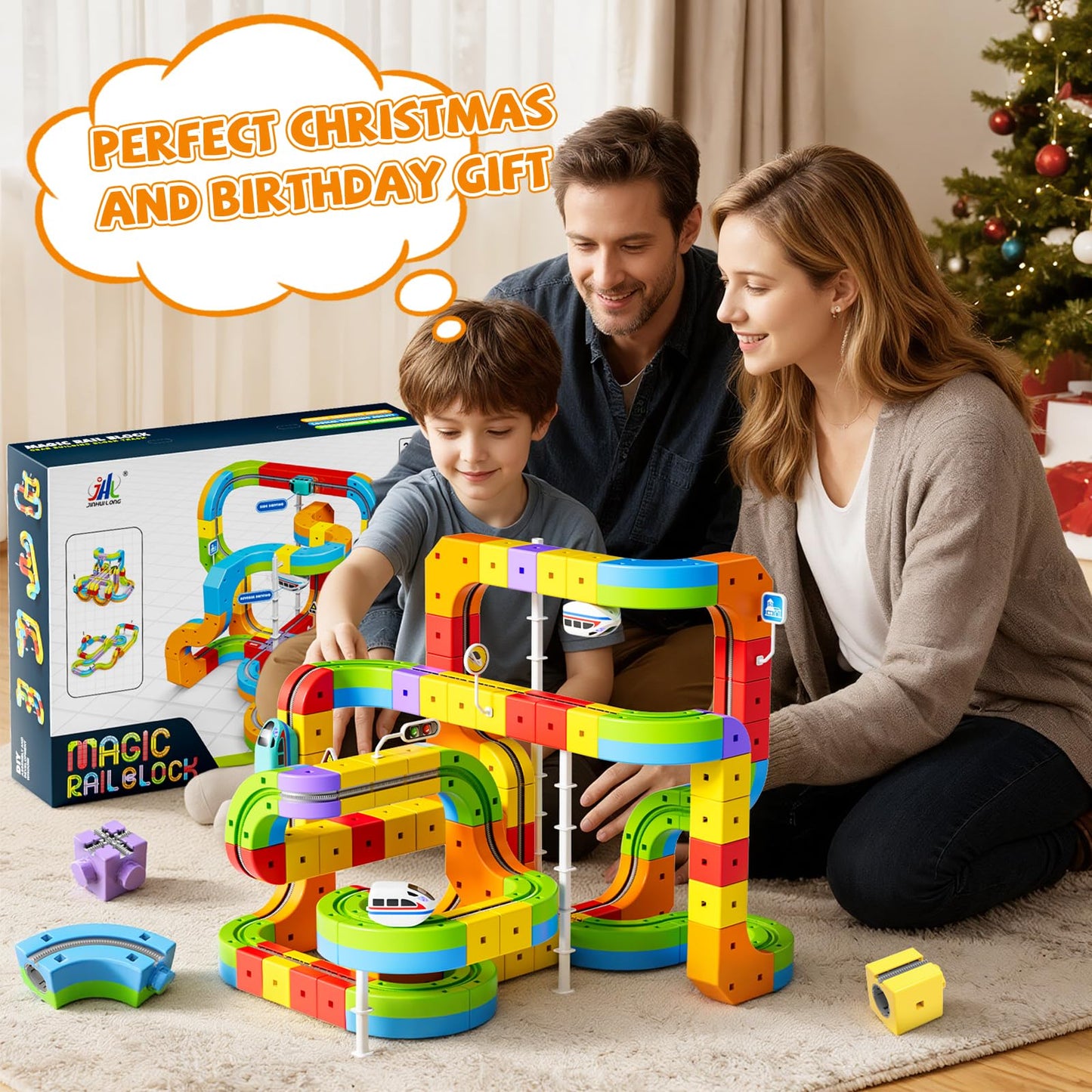Upgrade Electric Train Set, 3D Cube Track-DIY Rail Cube Block Kit, STEM Gravity-Defying Motorized Trains Race Tracks Toys Gift for Kids Boys Girls Age 3 4 5 6 7 8+ (Master Set+2 Cars)