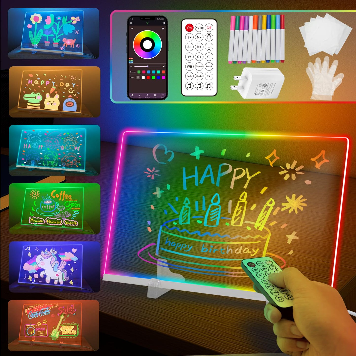 Scratch‑Proof Glass LED Drawing Board with 16 Million Colors & 256 Dynamic Effects, LED Note Board with Colors, Light Up Drawing Board with 12 Pens, Cleaning Cloth & Gloves, 11.81’’X7.87’’
