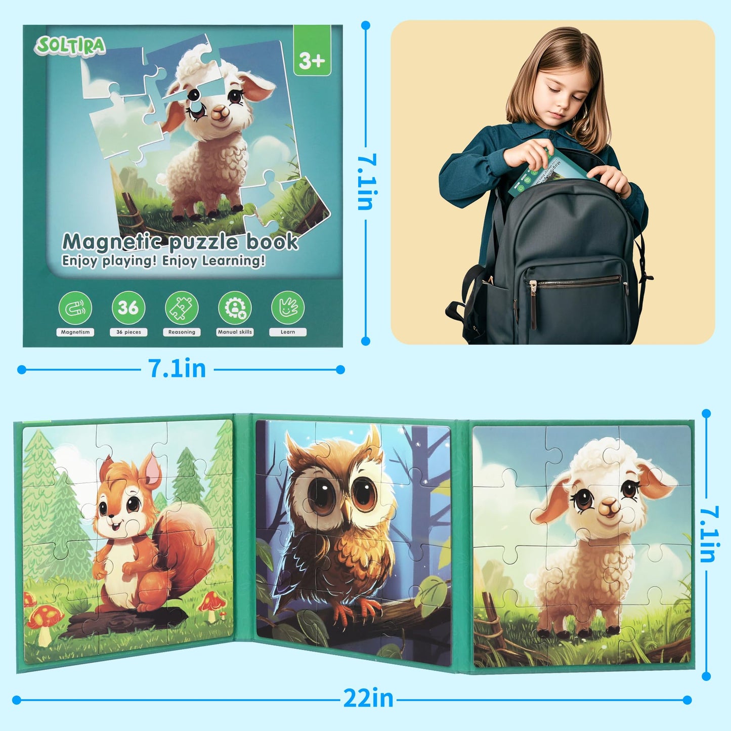 Magnetic Puzzles for Toddlers 3-5 36PCS-3 Animal Themes Magnetic Puzzles for Kids 4-6 Travel Puzzle for Airplane/Car/Road Trip/Gift Toys for 3 4 5 6 Year Old Girls and Boys
