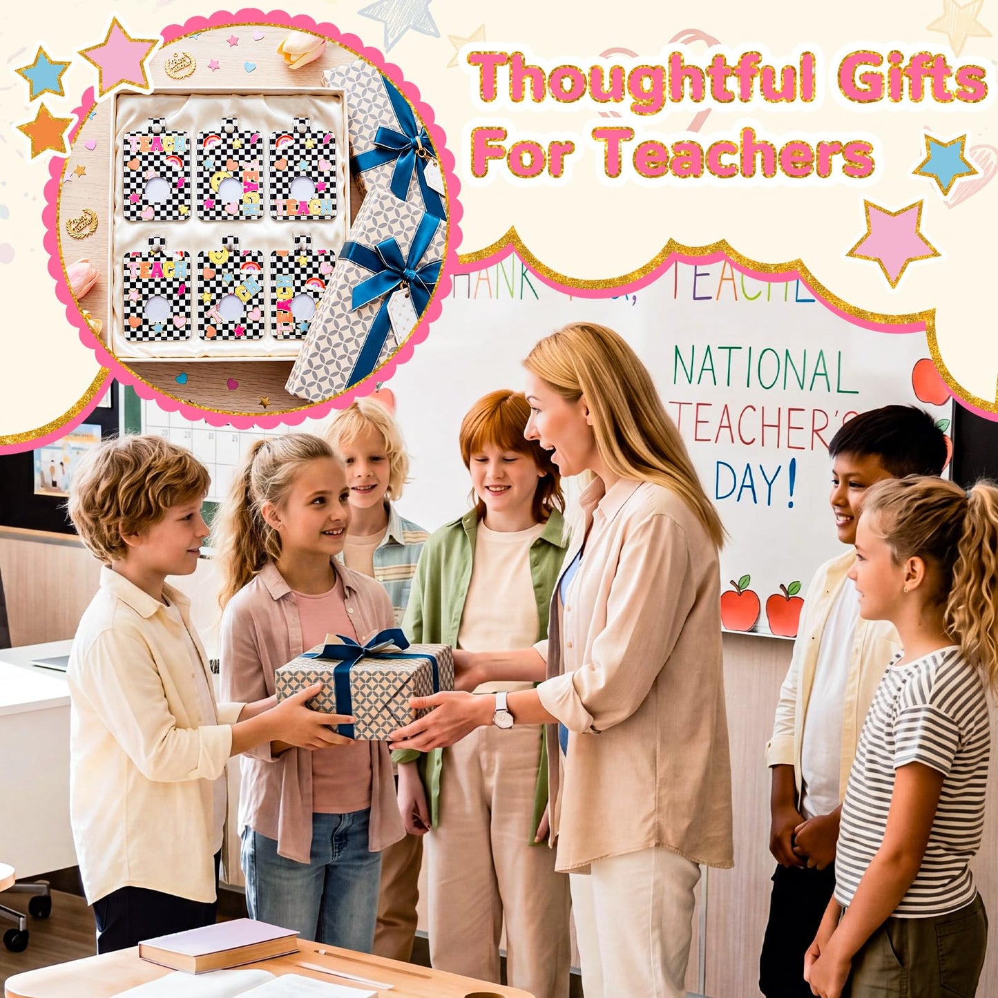 Gueevin 6 Pack Teacher Alarm ID Badge Holder, 4.2x2.8 Inch Smile Face Alarm Badge Holder for Educators, School Staff, Teacher Appreciation Gifts for School