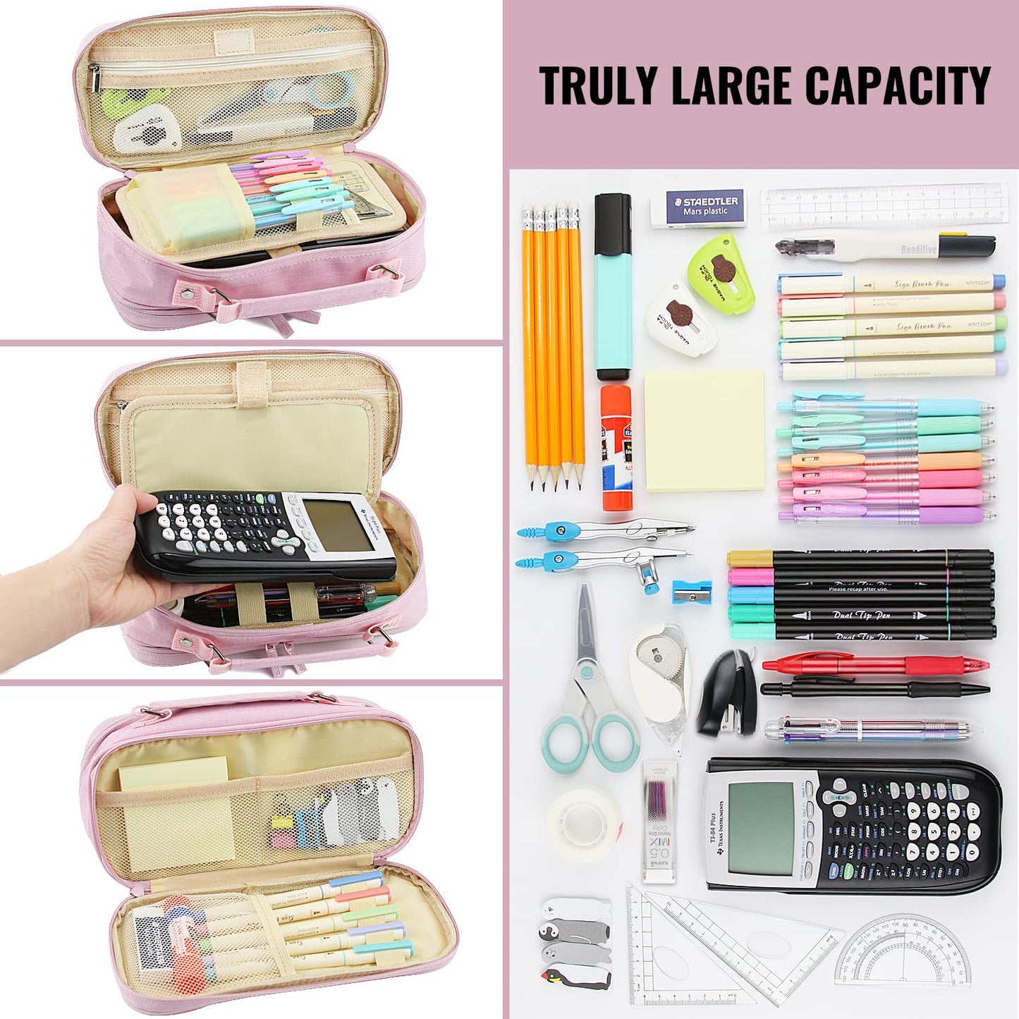 JOINPRO Large Capacity Pencil Case, 4 Compartment Pen Pouch Organizer with Double Zipper, Storage Bag for School, Office, Teen Girl Boy Men Women (Pink)