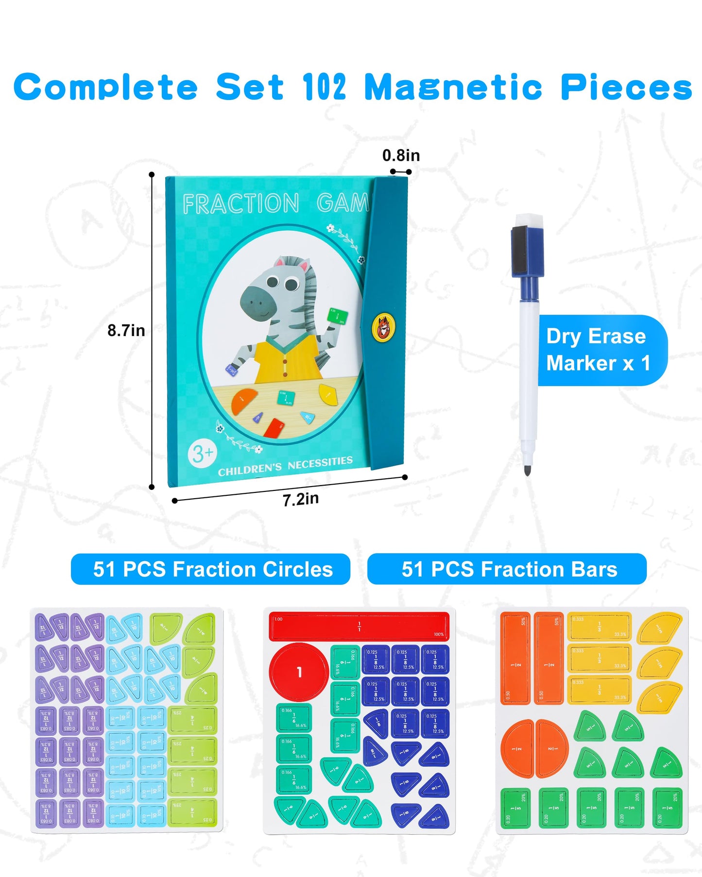Magnetic Fraction Demonstration Book, 102 Pcs Magnetic Fraction Tiles & Circles Set for Kids, Fraction Manipulatives Montessori Math Games for Elementary School