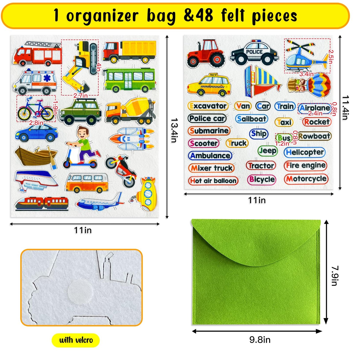 PENGFULL Felt Transportation Vehicles Learning Pieces,48 Felt Flannel Board Pieces,Air Land Sea Airplane Learning for Toddlers for Kindergarten,Preschool,Toddlers