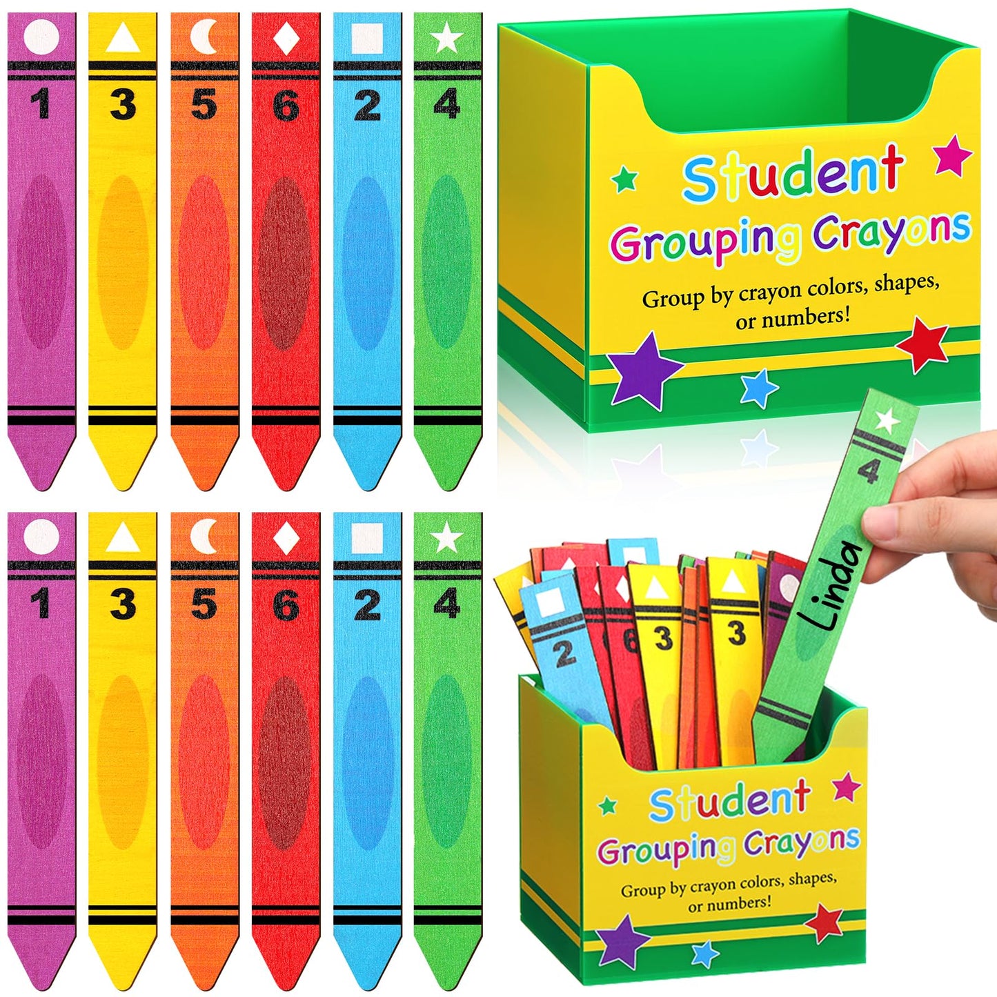 Eaasty 37 Pcs Back to School Student Grouping Crayon Talking Sticks for Classroom Crayon Flip Name Sticks with Box for Classroom Management Tool Teacher Essential Student Educational Learning Activity