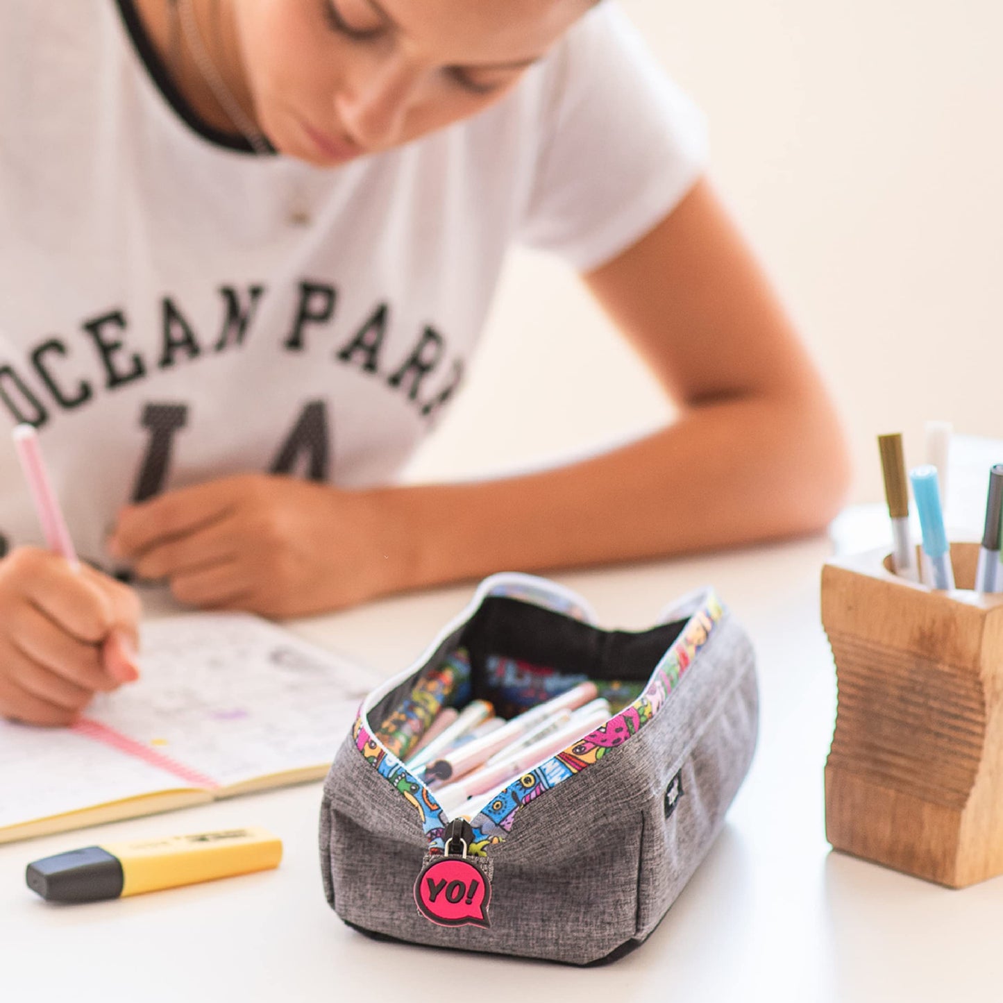 ZIPIT: Lenny Pencil Case - Grey & Doodles - Large Storage Capacity Zipper Pouch, Makeup-Stationery Bag, School, Washable Polyester, Kids-Teens-Adults