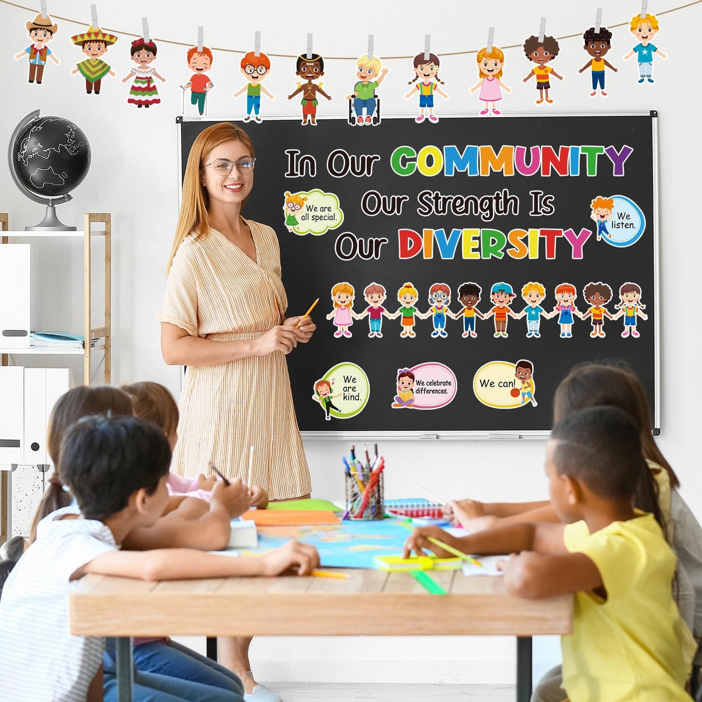 HIQINLUG Diversity Strength Bulletin Board Decorations Set - Diversity Classroom Decor, Multicultural Bulletin Board, Earth Day Classroom Decor, Paper Cutouts, Wall Art