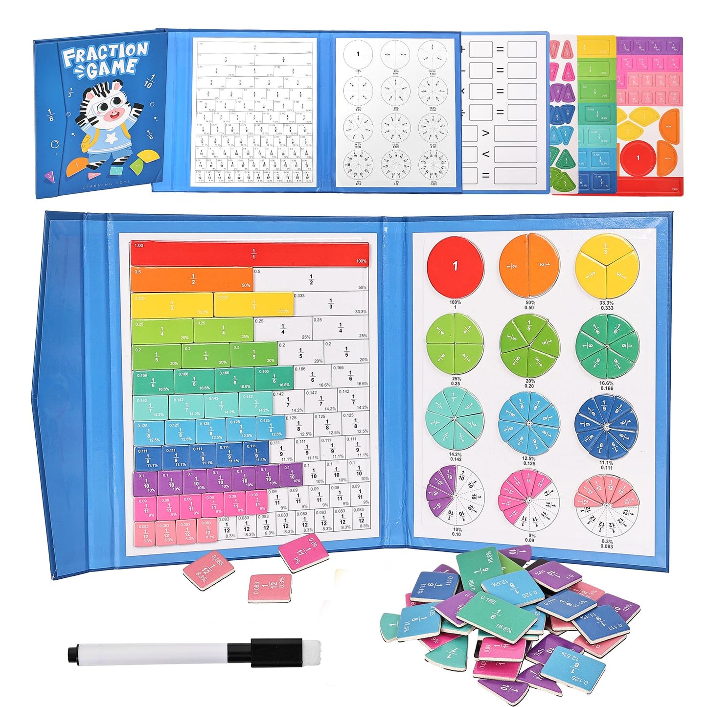 Magnetic Fraction Educational Puzzle,Magnetic Fraction Tiles & Fraction Circles,Montessori Fraction Manipulatives Learning Games for Kids,Fraction Manipulatives for Elementary School (Zebra)