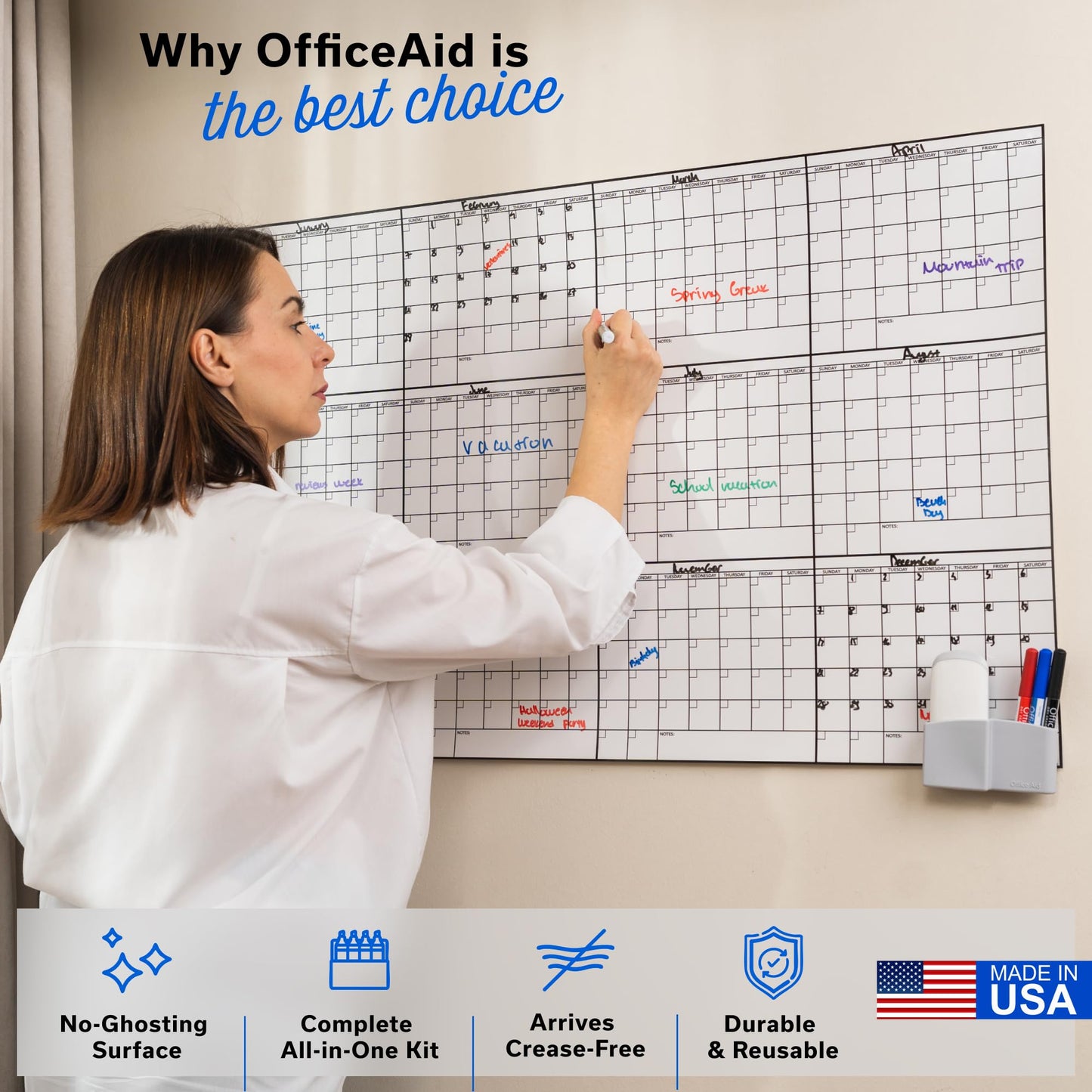 Yearly Large Dry Erase Calendar for Wall 24x36, for Year Family 12 Month, Undated Big Erasable Office, Rolled Whiteboard White Board, Classroom Annual Calendar Planner Dry Erase 36x24 Wall Reusable