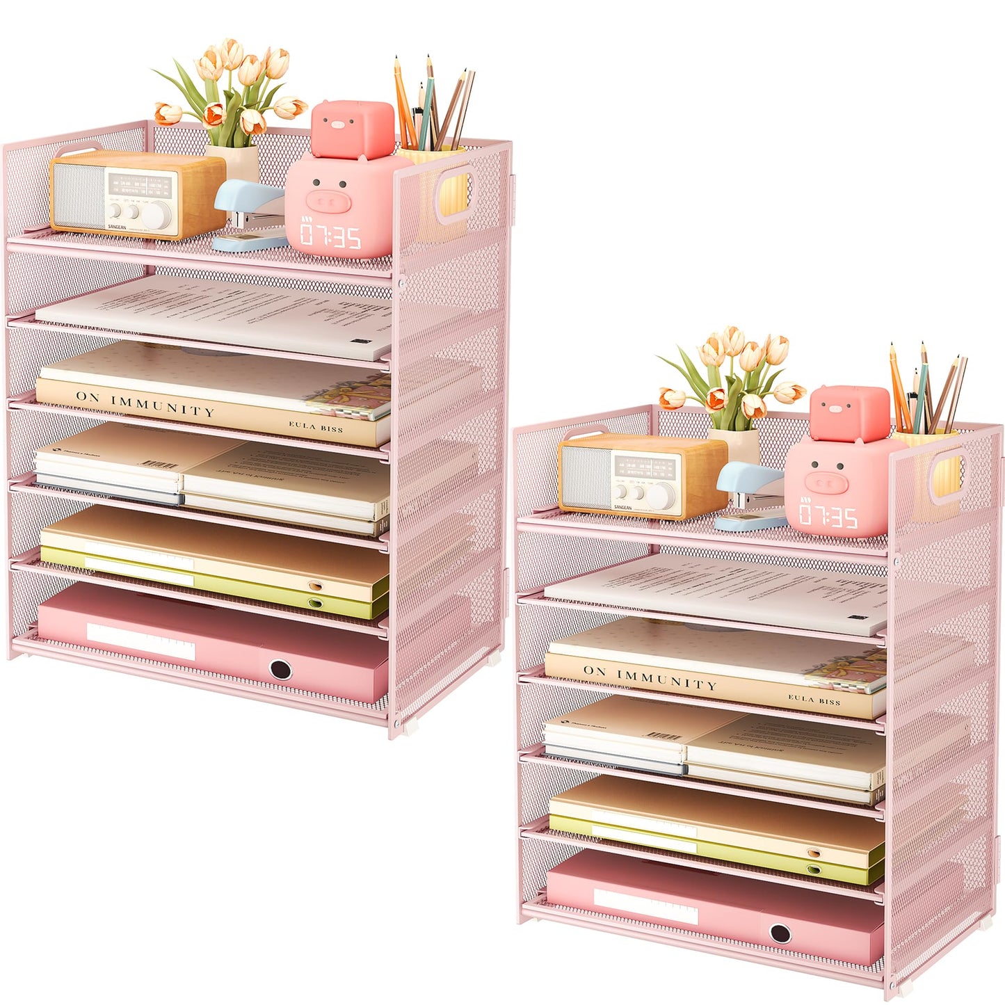Subekyu 6-Tier Desk Paper Organizer, Desktop File Letter Tray with Handle, Document Sorter and Accessories Holder for Office, Home and School Workspace Organizers, Pink-2 Pack