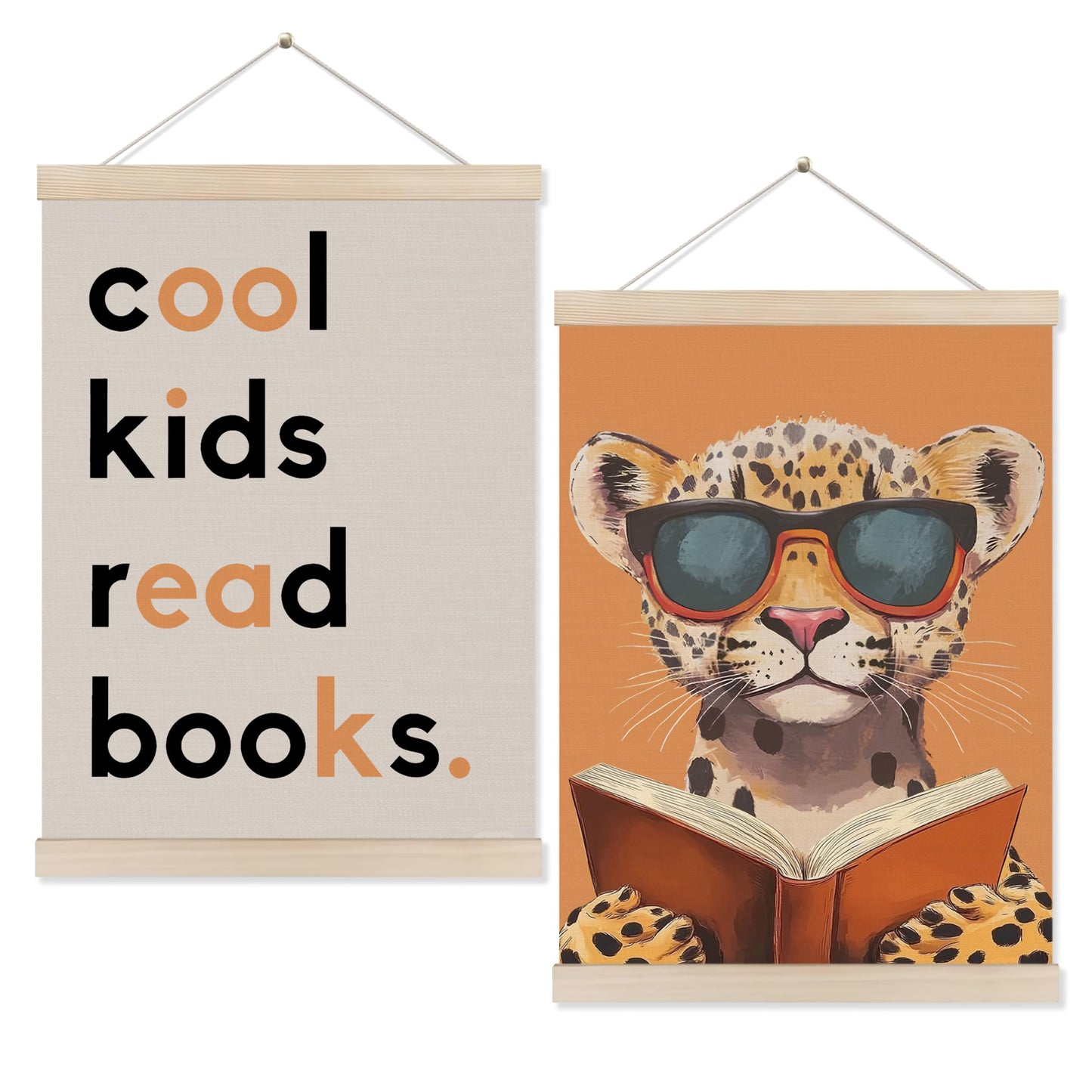 Koesus Trendy Leopard Read Book Wall Art Poster Hanger Frame 12x16 Inch Set of 2, Cool Kids Read Books Canvas Pictures Prints Framed Wall Decor for Library Reading Nook Corner Kids Room Classroom