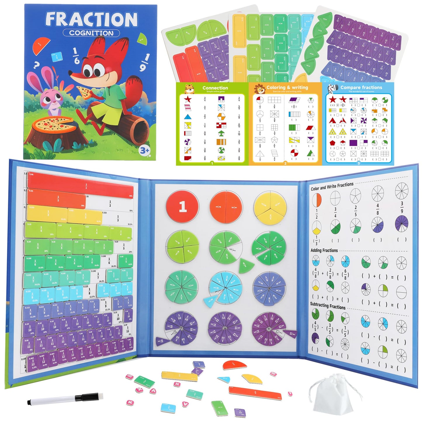 Magnetic Fraction Playbook & Fraction Manipulatives Set, Montessori Magnetic Fraction Book for Kids Grades K-3, Math Manipulatives with Fraction Tiles and Circles, Educational Fraction Games & Puzzle
