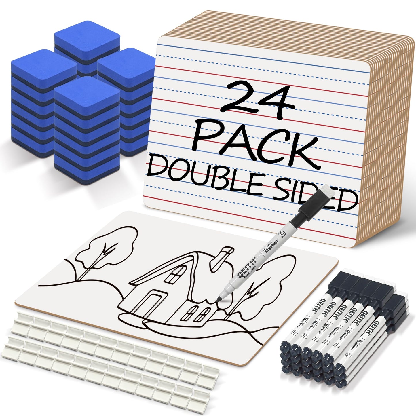 Dry Erase Boards, 24 Pack 9 x 12 Inch Mini Portable Practice White Boards with 24 Markers, 24 Erasers, Double Sided Personal Small Whiteboards with Lines for Kids, Students, Teachers Classroom School