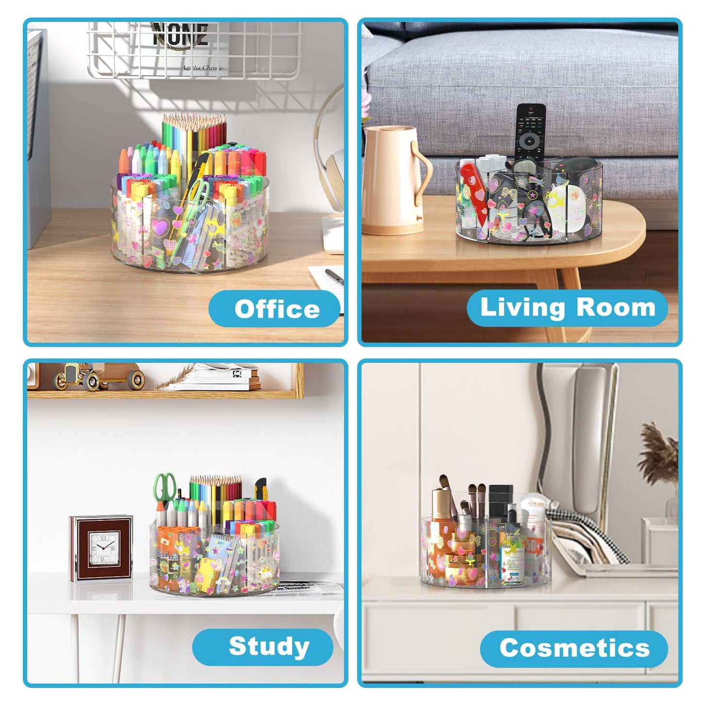 Acrylic Pen Holder with 2 Adhesive DIY Stickers, Desk Organizer Marker Holder with Cute Sticker, 360 Degree Office Supply Organizer Clear Pencil Holder Kid Art Supply Storage Organizer 6 Compartments