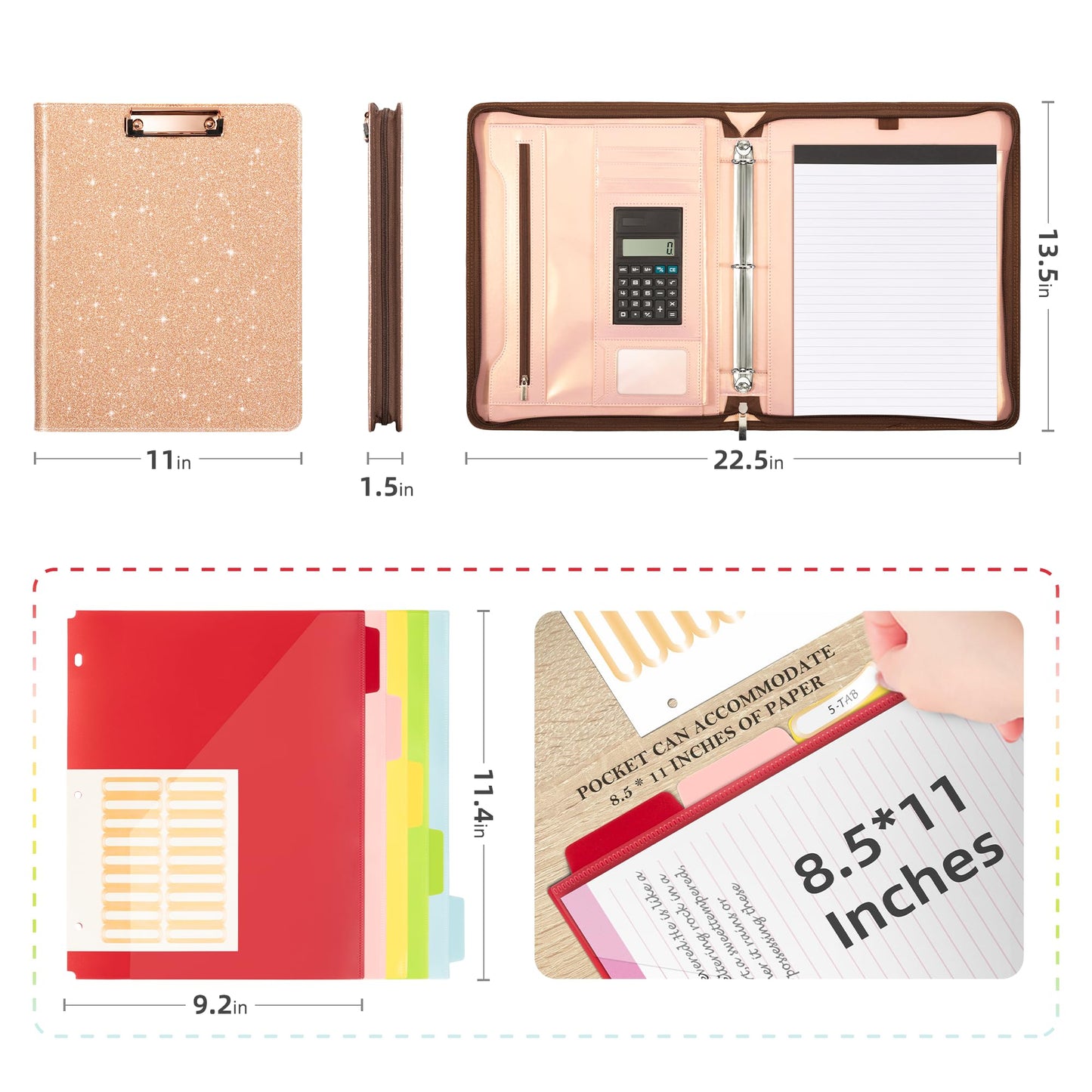 Ospelelf Clipboard with Storage, 3 Ring Binder with Zipper, Leather Padfolio Portfolio Folder, Calculator, 12.1” Tablet Sleeve, 5 Dividers with Pocket|Refillable Notepad, Card Slot (Rose Gold)