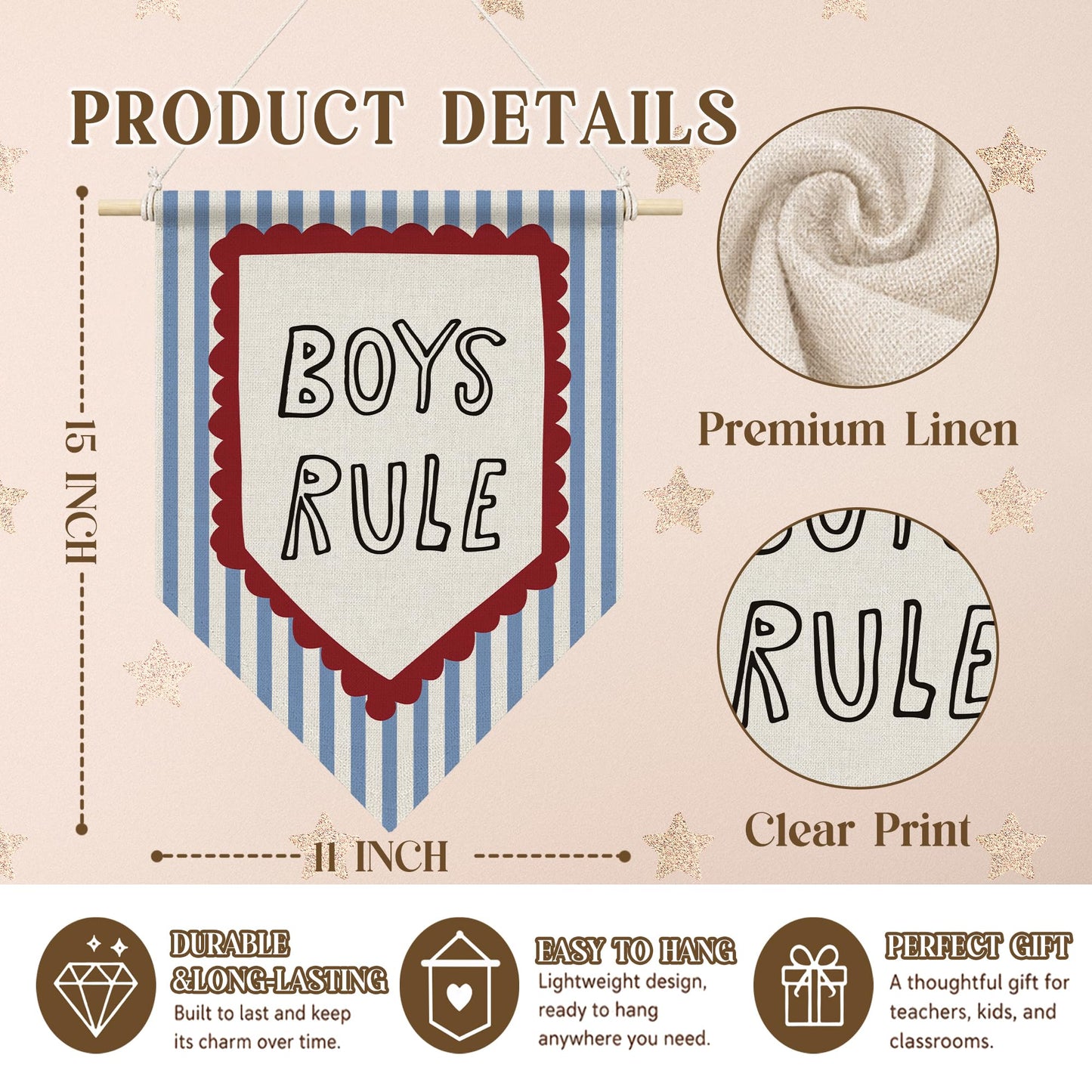 RUKUPA Boy Nursery Wall Art Decor, Kids Playroom Hanging Pennant Flag, Boys Rule Blue Striped Wall Art Poster Hanger for Kids Boy Nursery Toddler Room Bedroom Playroom Decor, 11x15 Inch