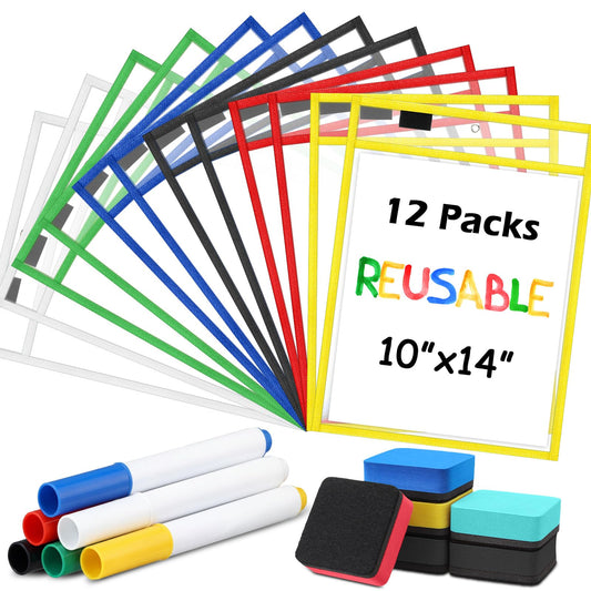 Watersay 24 Pcs Dry Erase Pocket Reusable Sleeves 10" x 14" Clear Plastic Sheet Protectors with Markers and Mini Dry Erasers for Paper(Vivid Colors)