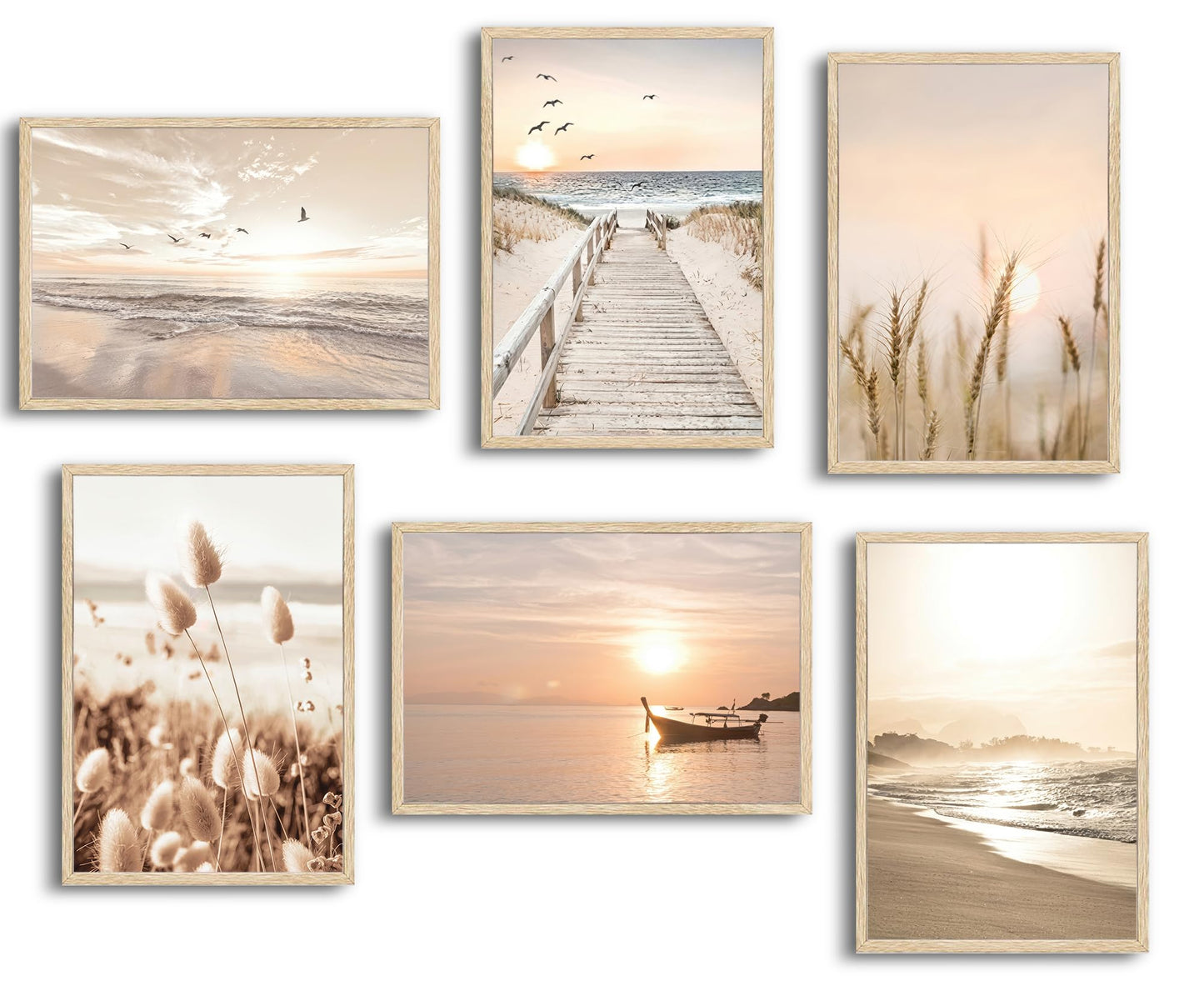 Beach Wall Art Boho Coastal Wall Decor, Neutral Beige Ocean Beach Pictures Wall Art, Set of 6 Minimalist Nature Grass Prints for Bedroom Bathroom Living Room, Unframed Canvas Posters 12x16in