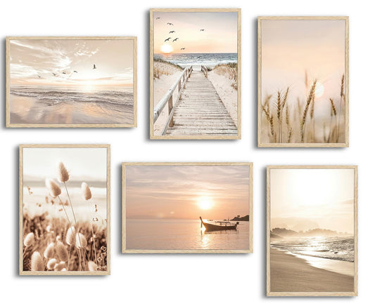 Beach Wall Art Boho Coastal Wall Decor, Neutral Beige Ocean Beach Pictures Wall Art, Set of 6 Minimalist Nature Grass Prints for Bedroom Bathroom Living Room, Unframed Canvas Posters 12x16in