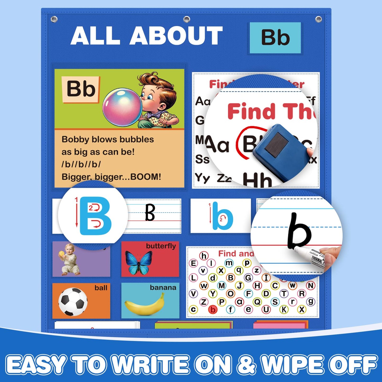 Alphabet Learning Pocket Chart, Alphabet Wall Chart for Toddlers 1-3, Handwriting Practice Letter Tracing Circle Time Learning Center for Classroom, Preschool Classroom Must Haves XL35x 27"