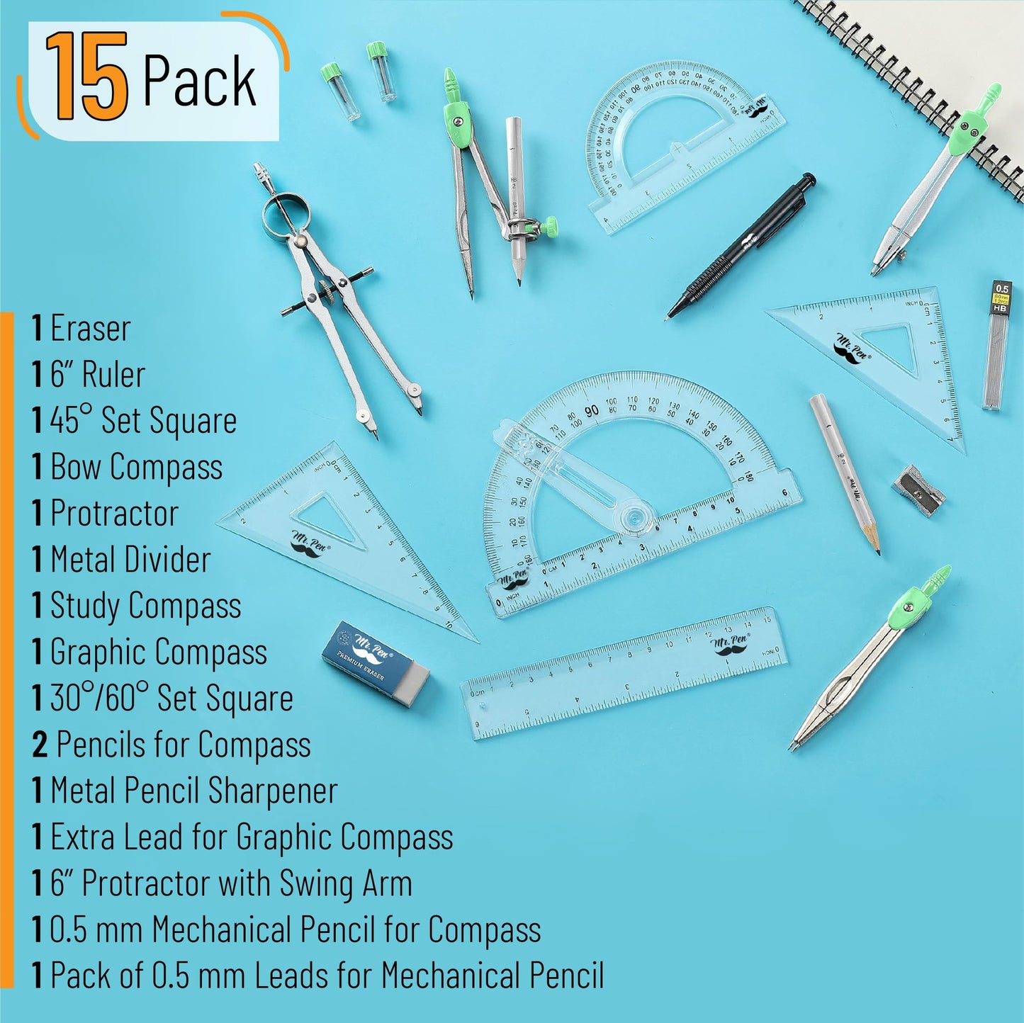 Mr. Pen- Geometry Set, 15 pcs, Green, 6 Inch Swing Arm Protractor, Divider, Set Squares, Ruler, Compasses and Protractor