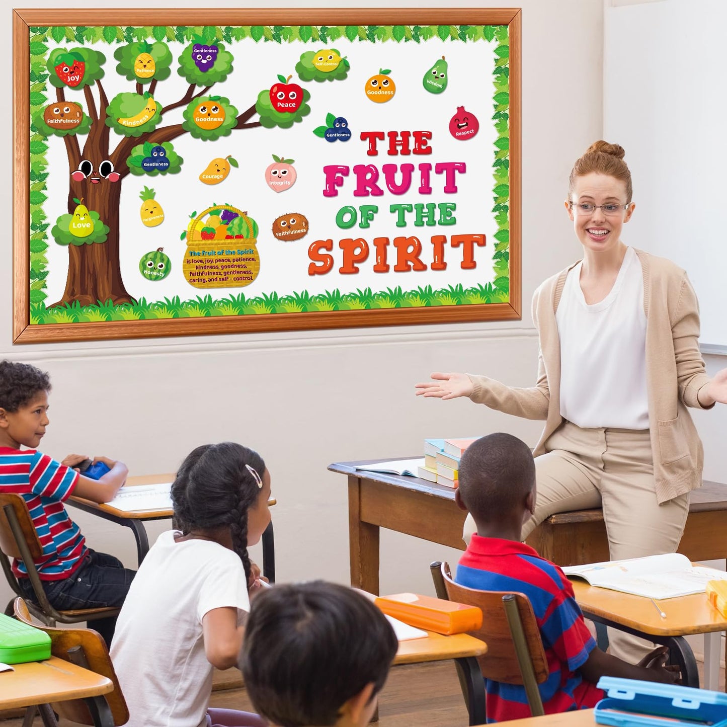 Fruit of The Spirit Bulletin Board Set Christian Classroom Decoration Religious Paper Cutouts Bibles Bulletin Board Border for Church Sunday Back to School Chalkboard Wall Decor Teacher Supplies