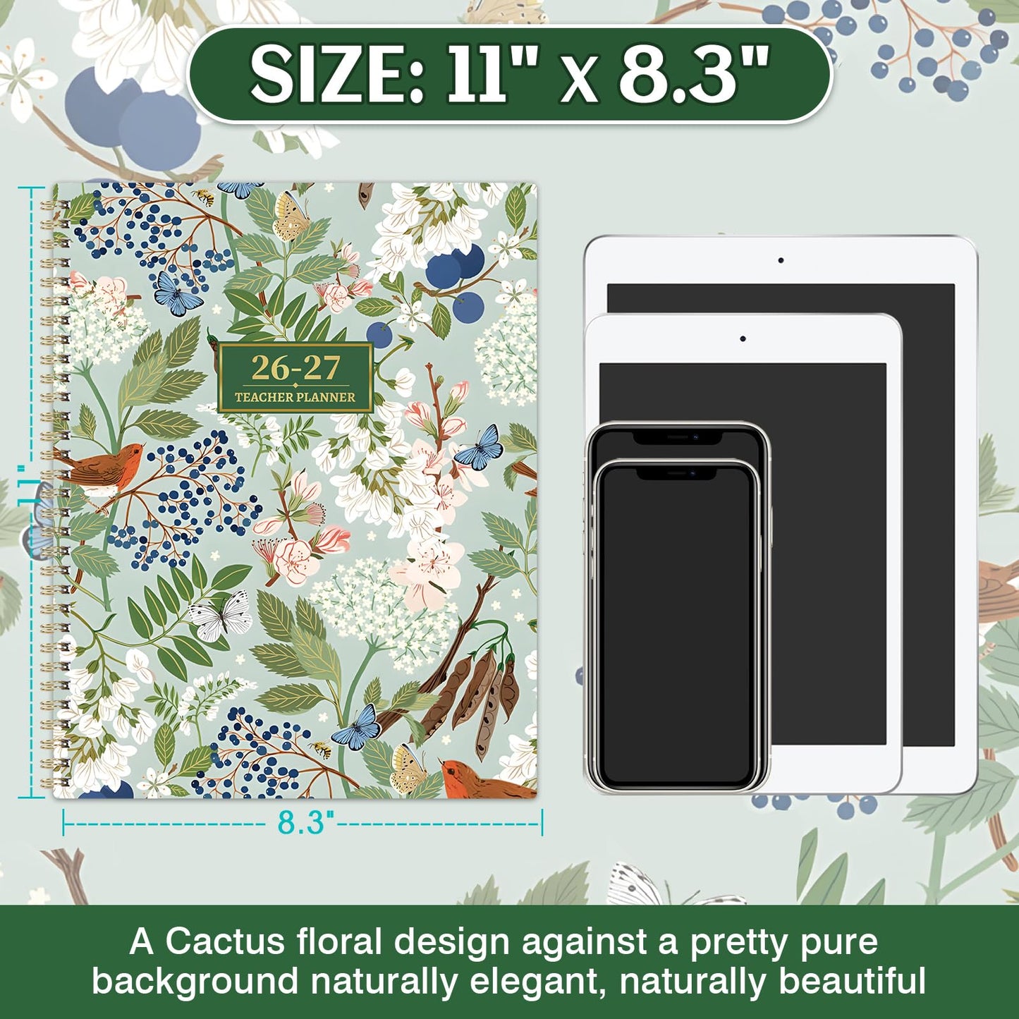 Teacher Planner 2026-2027 - Teacher Lesson Planner 2026-2027, 8.3" x 11", Jul.2026 - Jun.2027, Academic Planner, Weekly & Monthly Lesson Plan Book for Teachers with Back pocket, Colorful Tabs - Floral