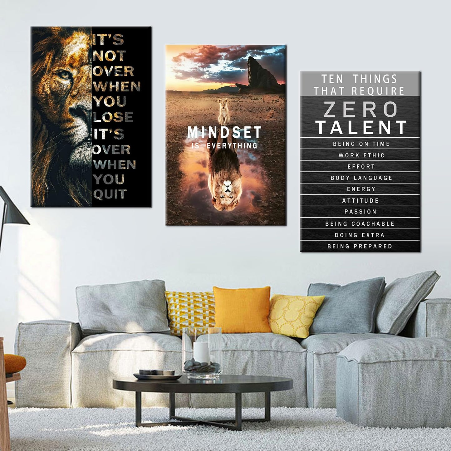 Motivational Canvas Wall Art Lion Inspirational Quote Wall Decor Zero Talent Poster Animal Picture Print Painting Modern Inspiring 3 Panels Artwork for Living Room Office Home Decor [72''Wx 36''H]