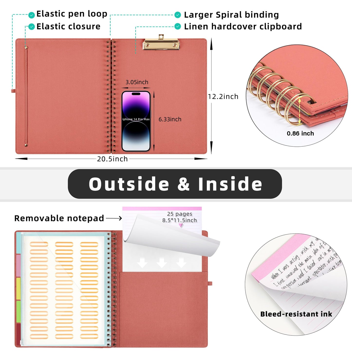 Ospelelf Red Foldable Spiral Clipboard Folio with Storage Zipper Pouch, 5 Plastic Folders with 10 Pockets, Refillable Lined Notepad (11" x 8.5"), Linen Hardcover Project Organizer