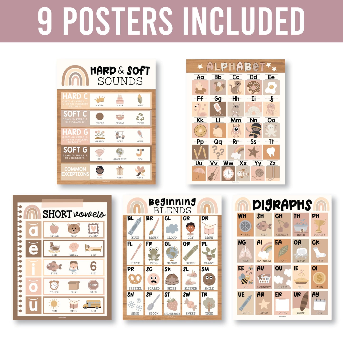 Hadley Designs Phonics Posters for Classroom Must Haves - 9 Sound Wall for Kindergarten & Elementary Teacher Supplies, Syllable, Vowels, Digraphs & Blends Bulletin Board Set, Boho Classrom Decor