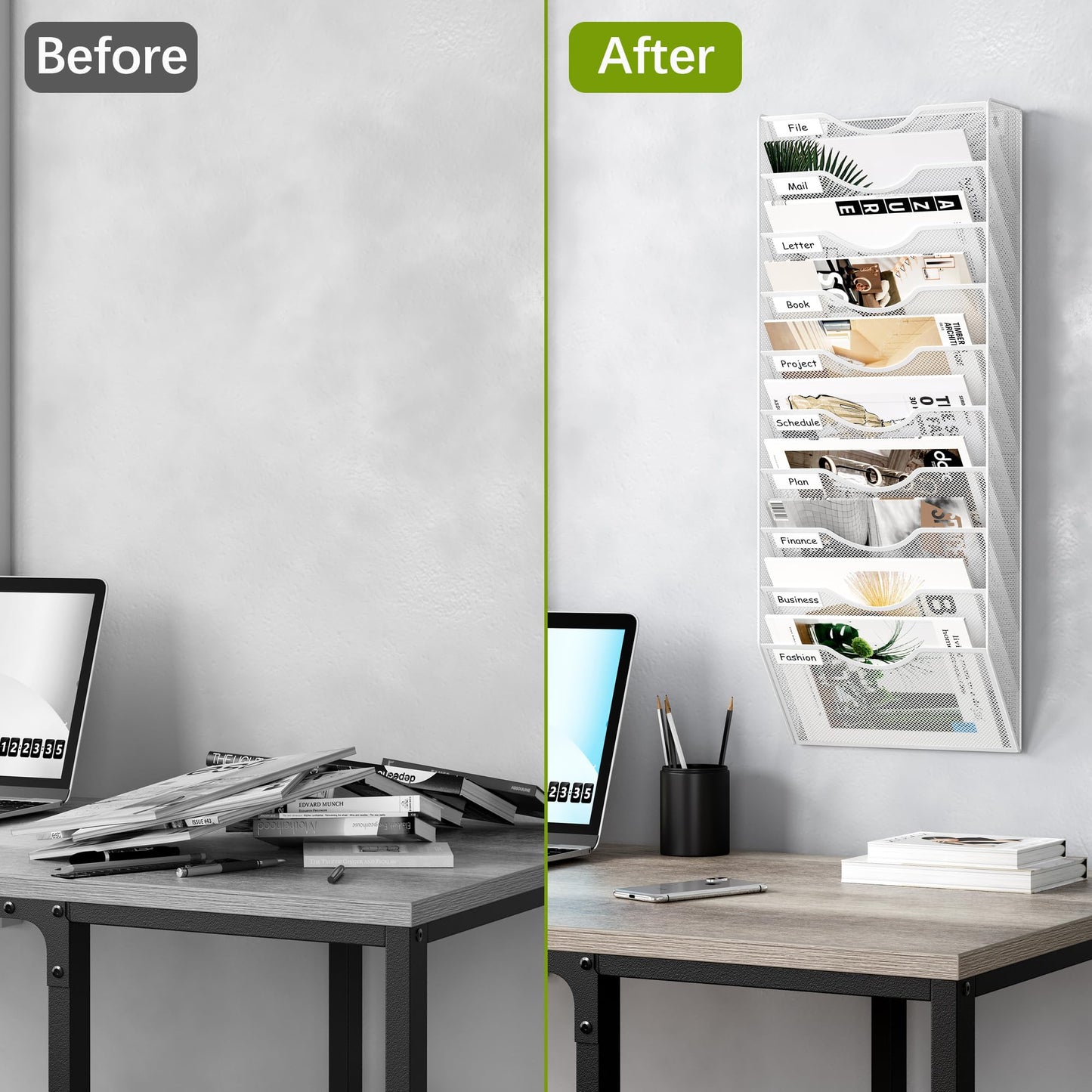 EasyPAG 10 Pocket Mesh Wall File Organizer, Hanging Paper Folder Holder with Classify Label, Vertical Wall Mount Mail Organizer for Office Home Classroom, White