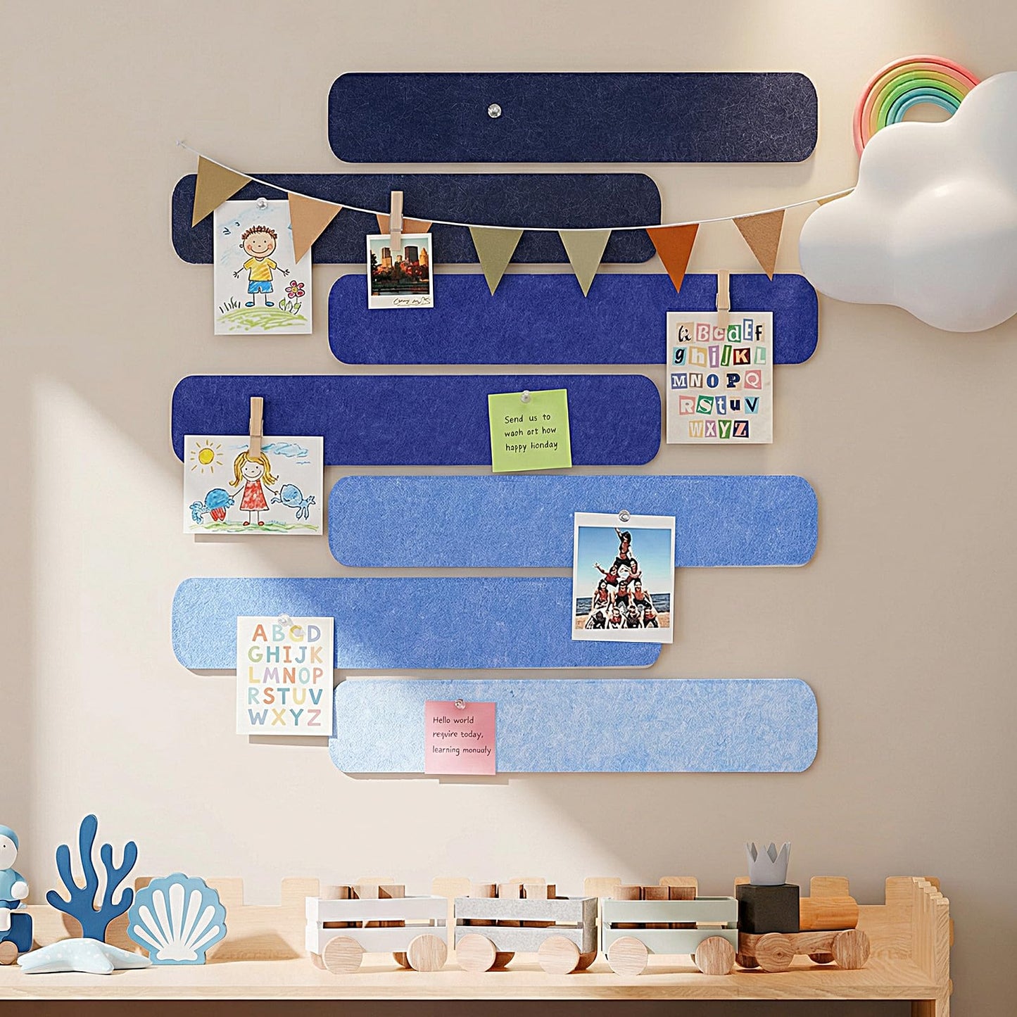 Thboxes 8 Pack Felt Bulletin Board Strips, 13x2 Inch Self Adhesive Felt Pin Boards with 50 Pushpins and 10 Wooden Clips Push Pins, Cork Board for Walls Home Office Decor(Serene Blue Mist)