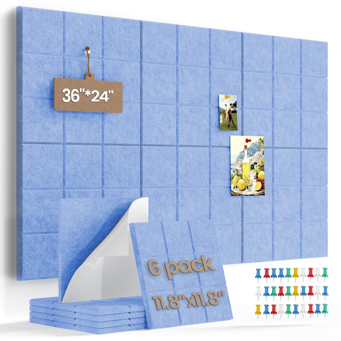 Uoisaiko Large Cork Board Felt Board Tiles for Walls with 30 Push Pins, 11.8"x11.8" Pack of 6 Pin Board Notice Boards for Home Office Kitchen, Bulletin Board Wall Tiles for Photos Memos