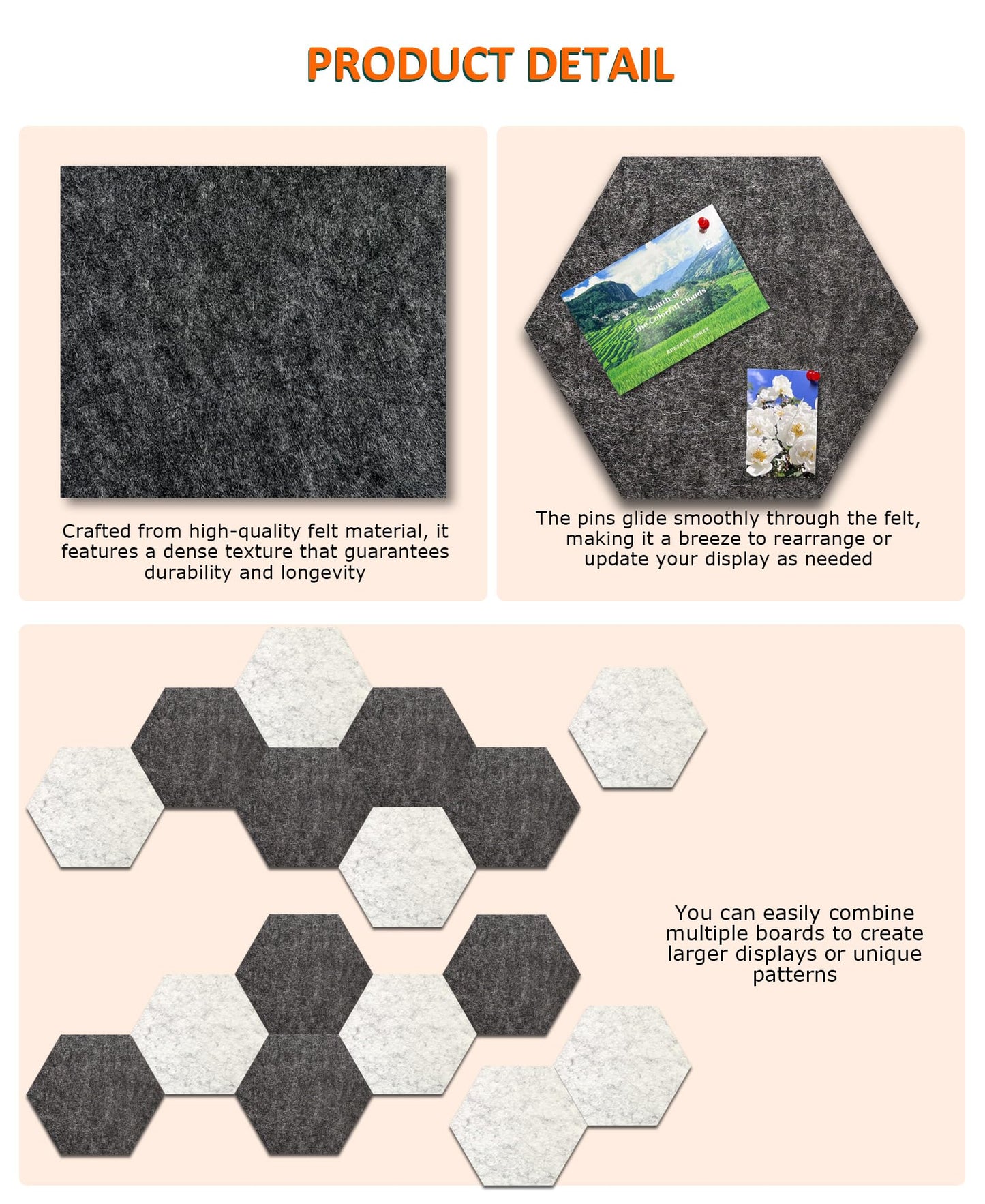 Hexagon Felt Bulletin Board Tiles, 8 Pcs, 8.7 x 7.5 inches, with 20 Pushpins, for Easy Display of Photos Pictures Memos Notices, Felt Wall Tiles for Office Home Classroom (Gray)