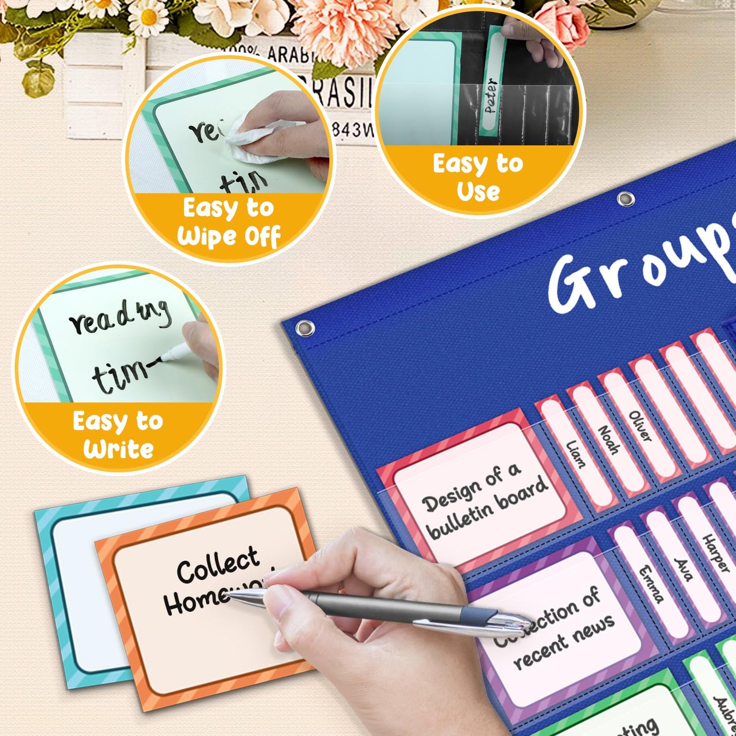 AKAYOK Small Group Pocket Chart with 84 Colorful Dry Erase Cards, Classroom Jobs Chart with 6 Pocket Wall Hanging File Folder, Pocket Chart for Classroom,Office,Home, Small Group Classroom Must Haves