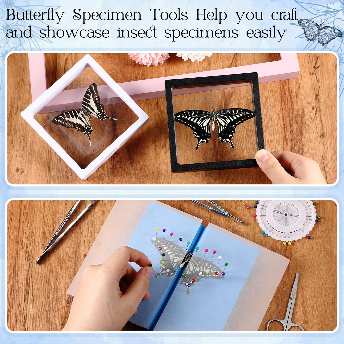 DoubleFill Insect Specimen Tools Kit Butterfly Specimen for Classroom Teaching Insect Pins Wings Pressing Paper Tweezers Scissors Gloves Insect Display Case Insect Collection for Bug Biology Projects