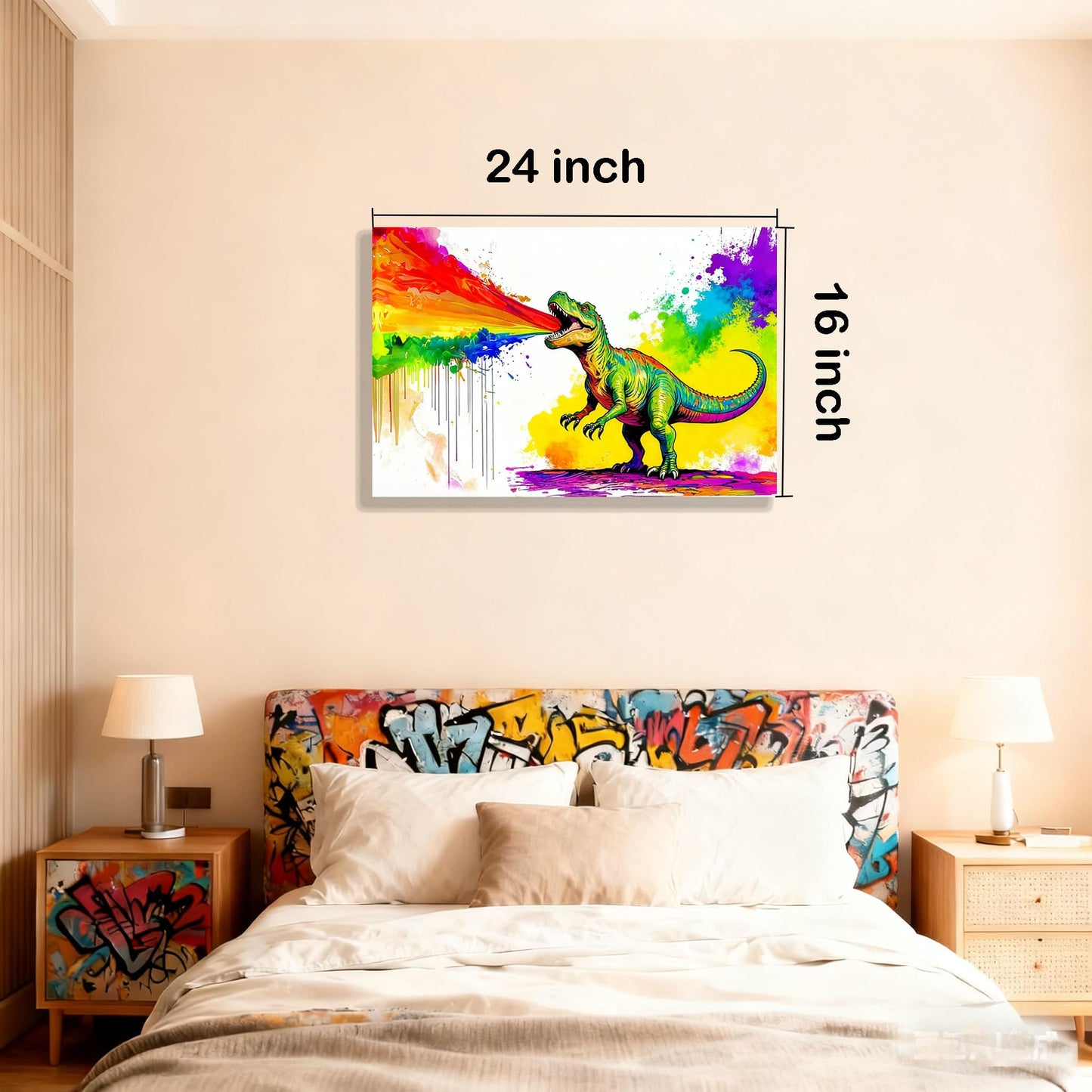 16x24 Graffiti Wall Art Colorful T-Rex Spitting Rainbow Fire Framed Canvas Dianosaur Prints Decor Pop Cartoon Picture Kids Nursey Bathroom Pictures Teen Boys Bedroom Child Funny Animals Posters