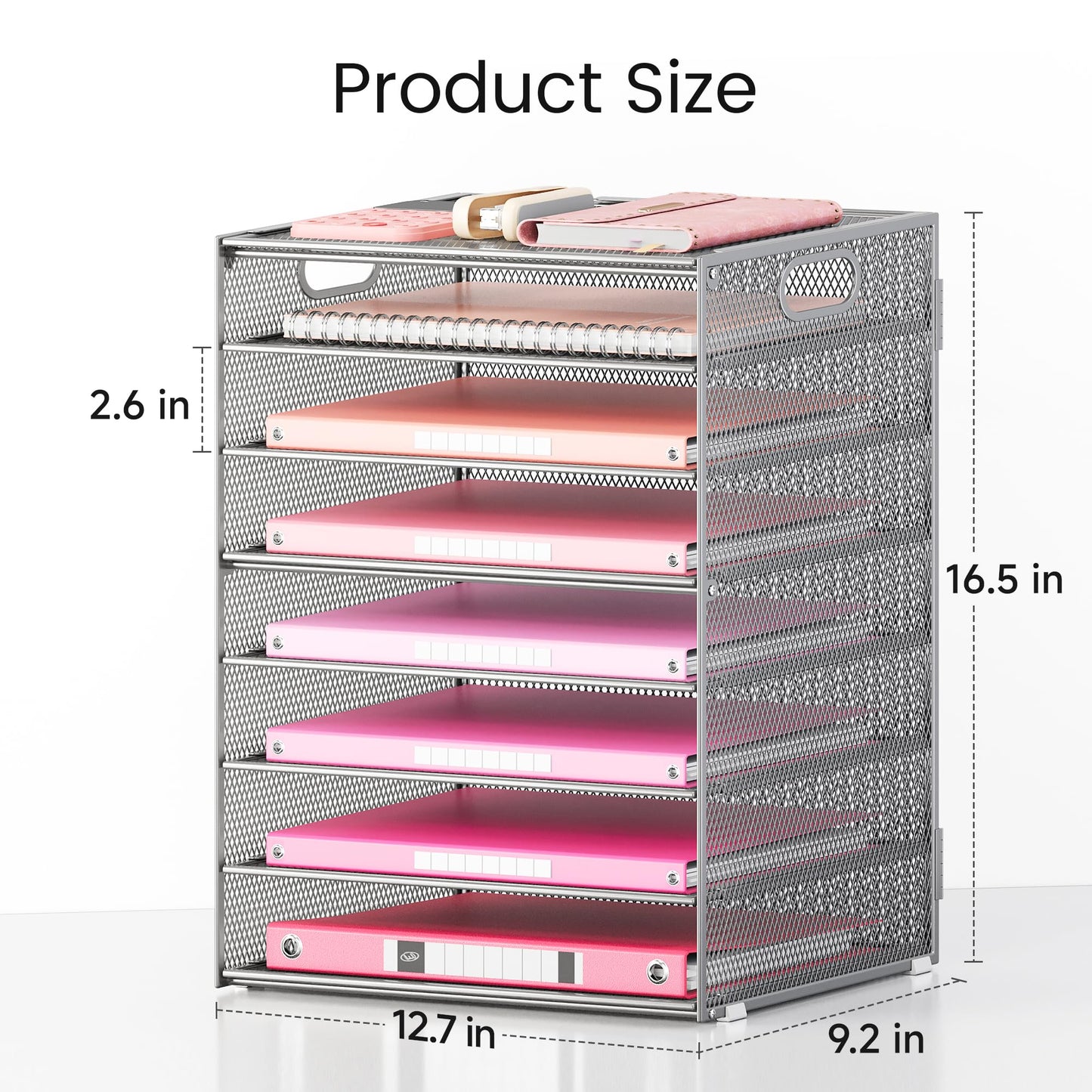 Lavatino 8-Tier Office Desk File Organizer, Letter Tray Paper Organizer with Handle, Including 5 Adjustable Slide Trays for Organizing Desktop Workspace Accessories and Supplies (Silver Metal Mesh)