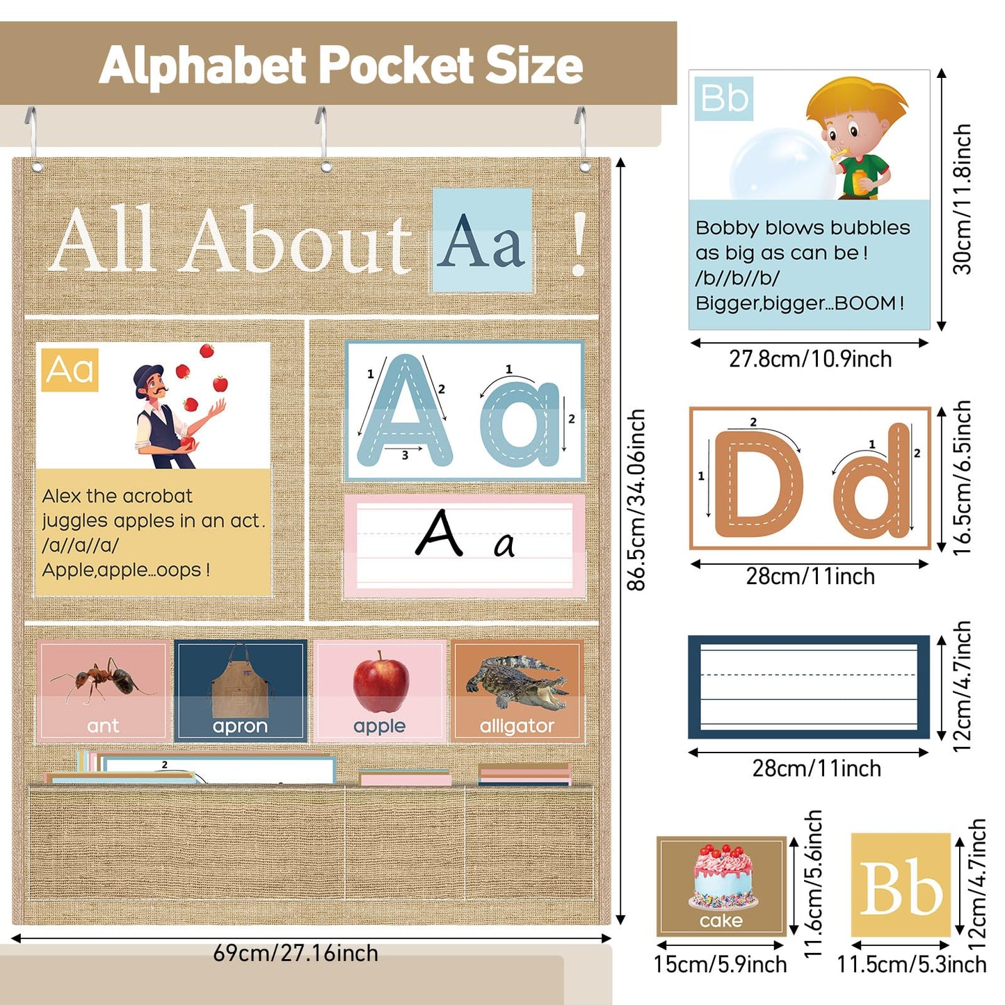 Blosssound 34 x 27 All About Letter Pocket Chart 103 ABC Flash Cards Letter of The Day Week Chart Alphabet Tracing Educational Wall Poster Teachers Homeschool Learning Activities(Brown)