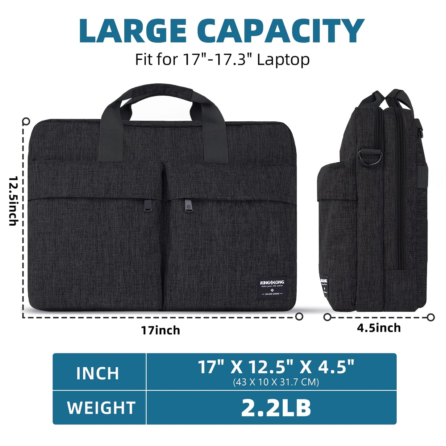 KINGSLONG 17.3 inch Laptop Briefcase Bag for Men Women, Laptop Messenger Bag with Shoulder Strap, Water Resistant Business Crossbody Bag Computer Bag for Asus Acer Dell Thinkpad, Black