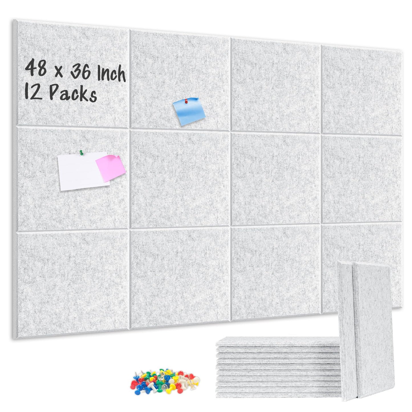 DOLLAR BOSS Large Cork Board for Wall 48" x 36" x 0.5" Bulletin Board 12 Packs Corkboard Tiles Self Adhesive Felt Wall Tiles for Office Home School, Light Grey