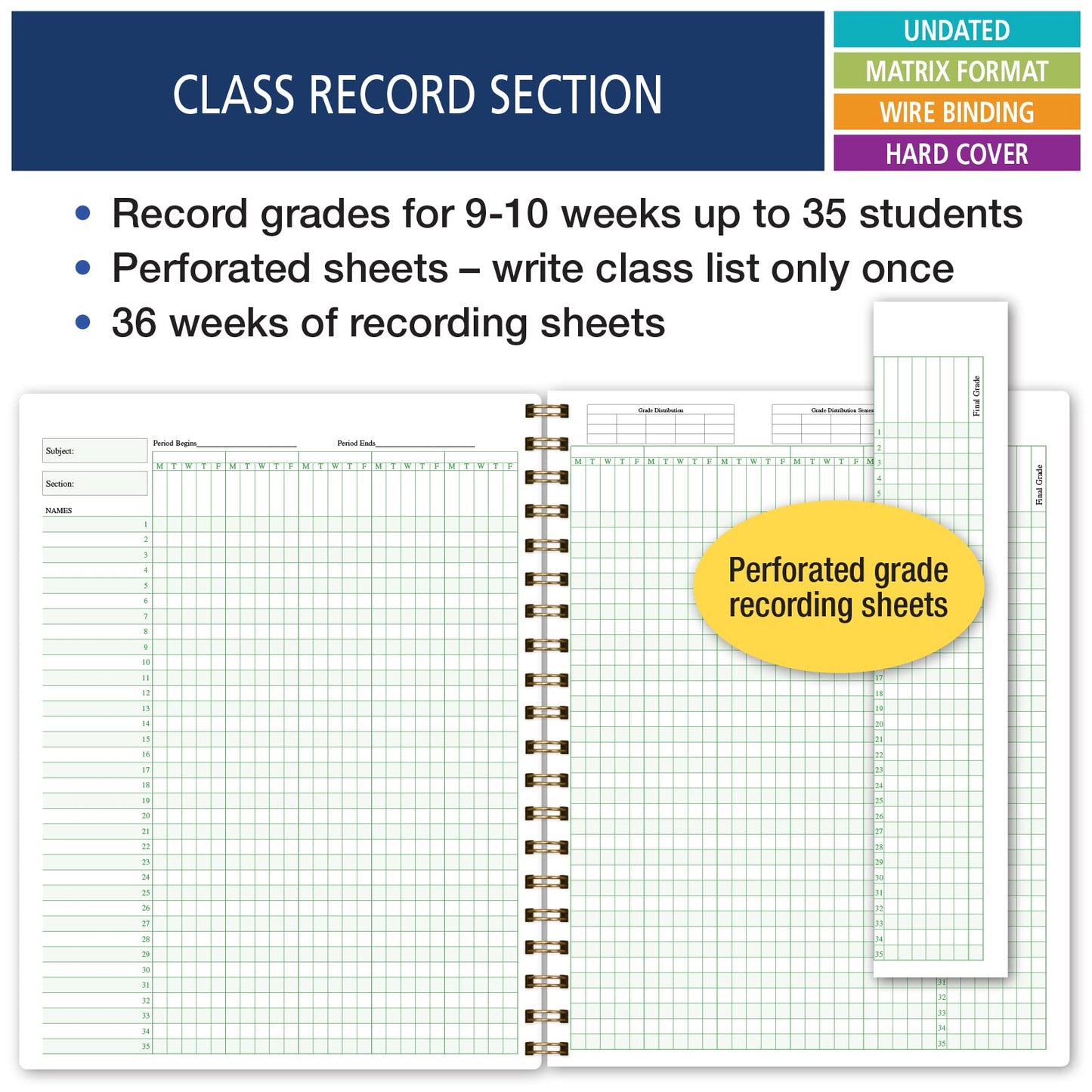 Elan Publishing Company HARDCOVER Combination Plan and Record Book - 8 Period Teacher Lesson Planner (Teal Floral)