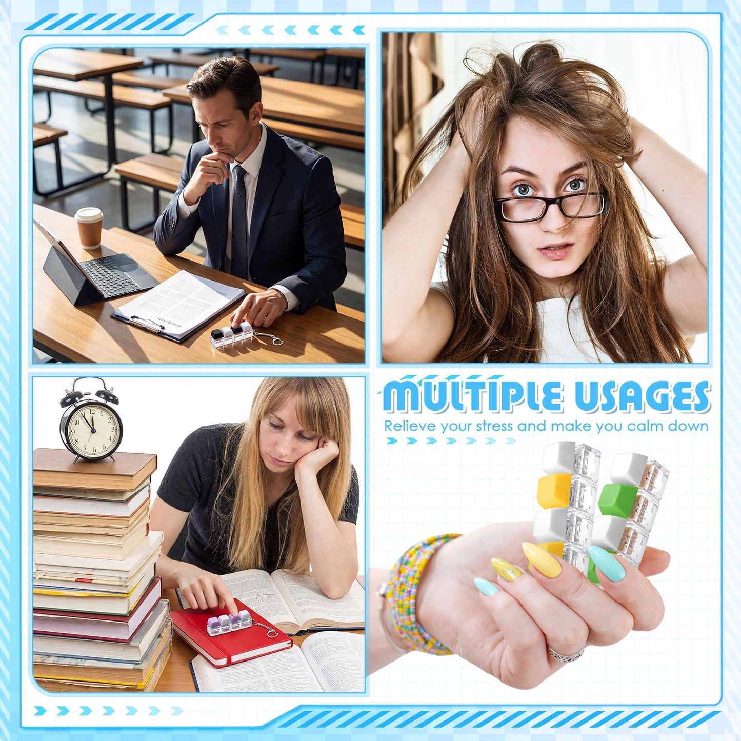 Halloscume 6 Pcs Silent and Click Keyboard Adult Fidget Clicker Toy 4-in-1 Keyboard Fidget Keychain Mechanical Key Button Clicker Stress Relief Gift for Office School Home (Solid Color Transparent)